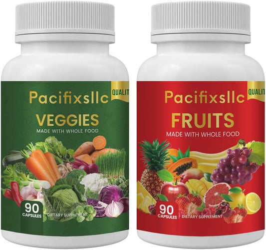 Set of 2 Pacifixsllc 100% Natural Fruit and Vegi Capsules for Natural Energy Boost, 180 Count (90 Fruit, 90 Veggies)