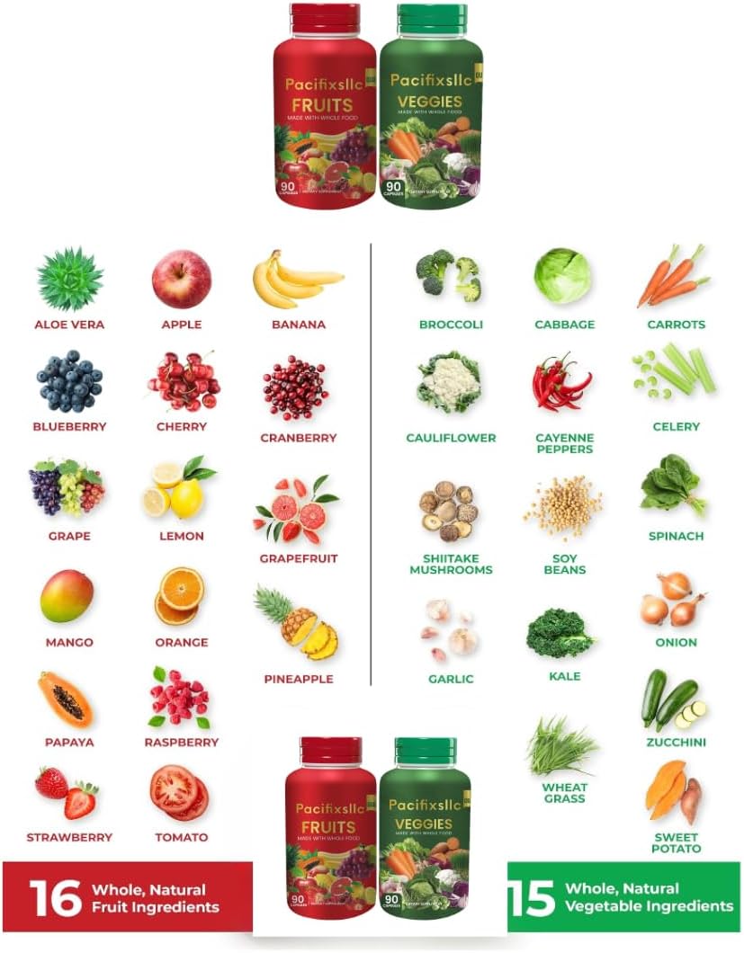 Set of 2 Pacifixsllc 100% Natural Fruit and Vegi Capsules for Natural Energy Boost, 180 Count (90 Fruit, 90 Veggies)