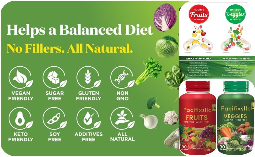 Set of 2 Pacifixsllc 100% Natural Fruit and Vegi Capsules for Natural Energy Boost, 180 Count (90 Fruit, 90 Veggies)