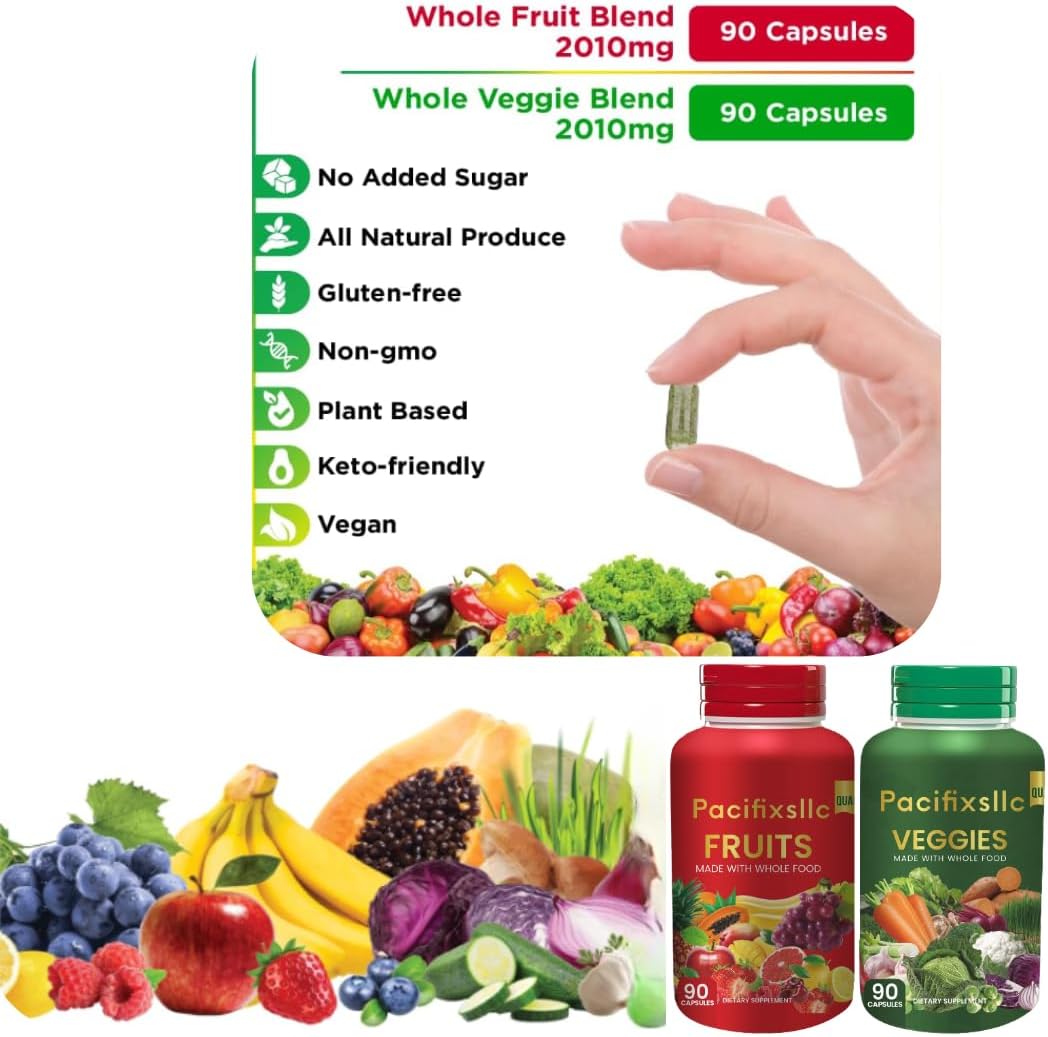 Set of 2 Pacifixsllc 100% Natural Fruit and Vegi Capsules for Natural Energy Boost, 180 Count (90 Fruit, 90 Veggies)