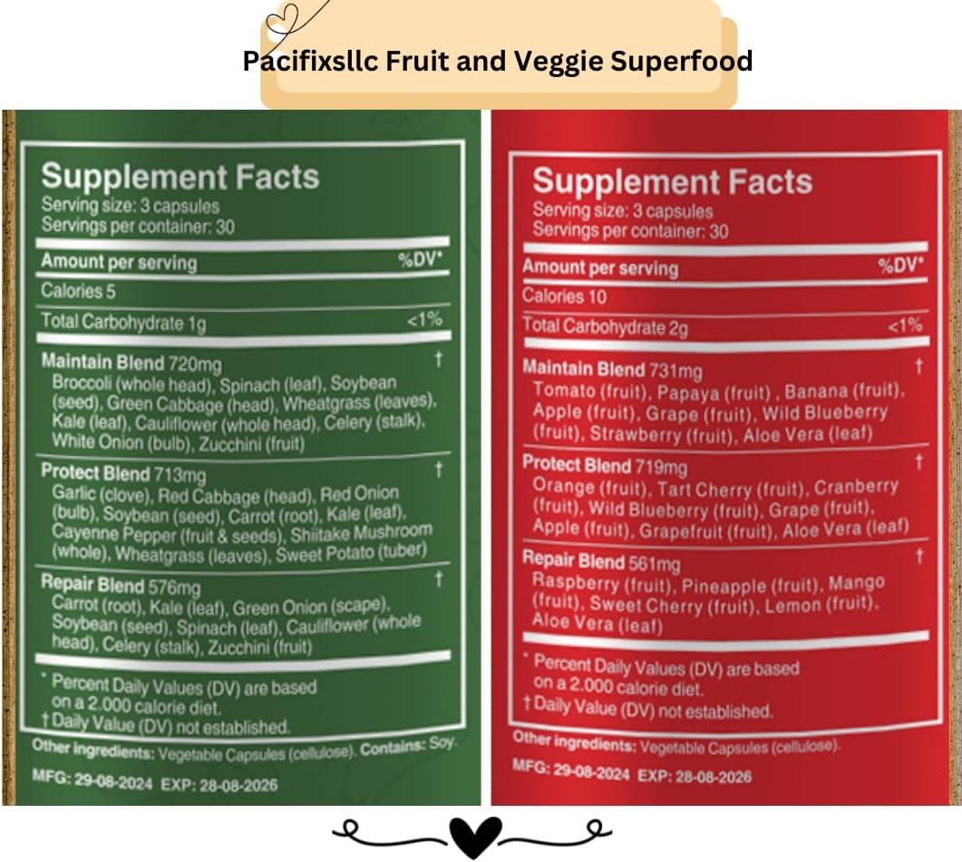Set of 2 Pacifixsllc 100% Natural Fruit and Vegi Capsules for Natural Energy Boost, 180 Count (90 Fruit, 90 Veggies)