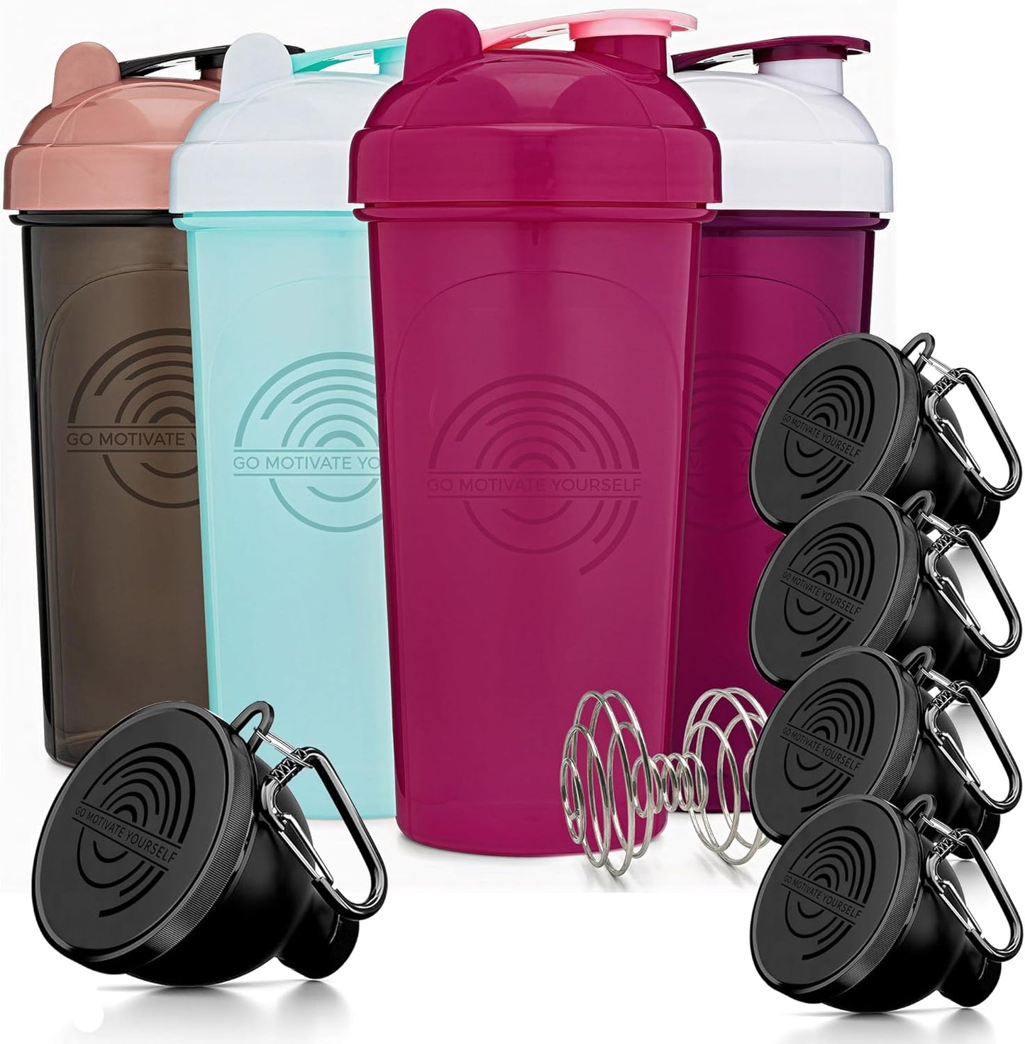 Set of 4 Shaker Bottles with Agitator and 5 Protein Funnels with Carabiner - BPA-Free and Dishwasher Safe Fitness Bundle