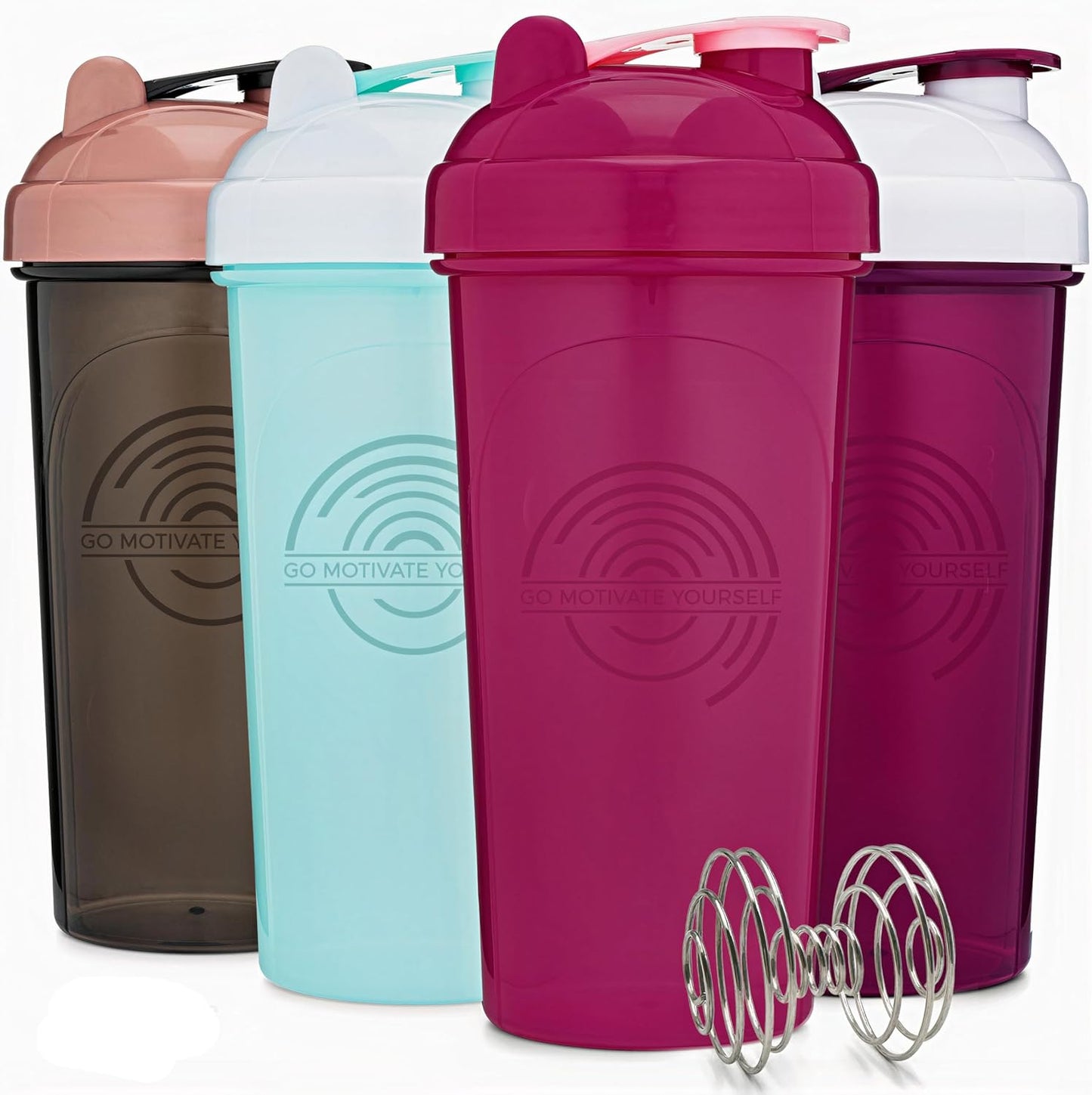 Set of 4 Shaker Bottles with Agitator and 5 Protein Funnels with Carabiner - BPA-Free and Dishwasher Safe Fitness Bundle