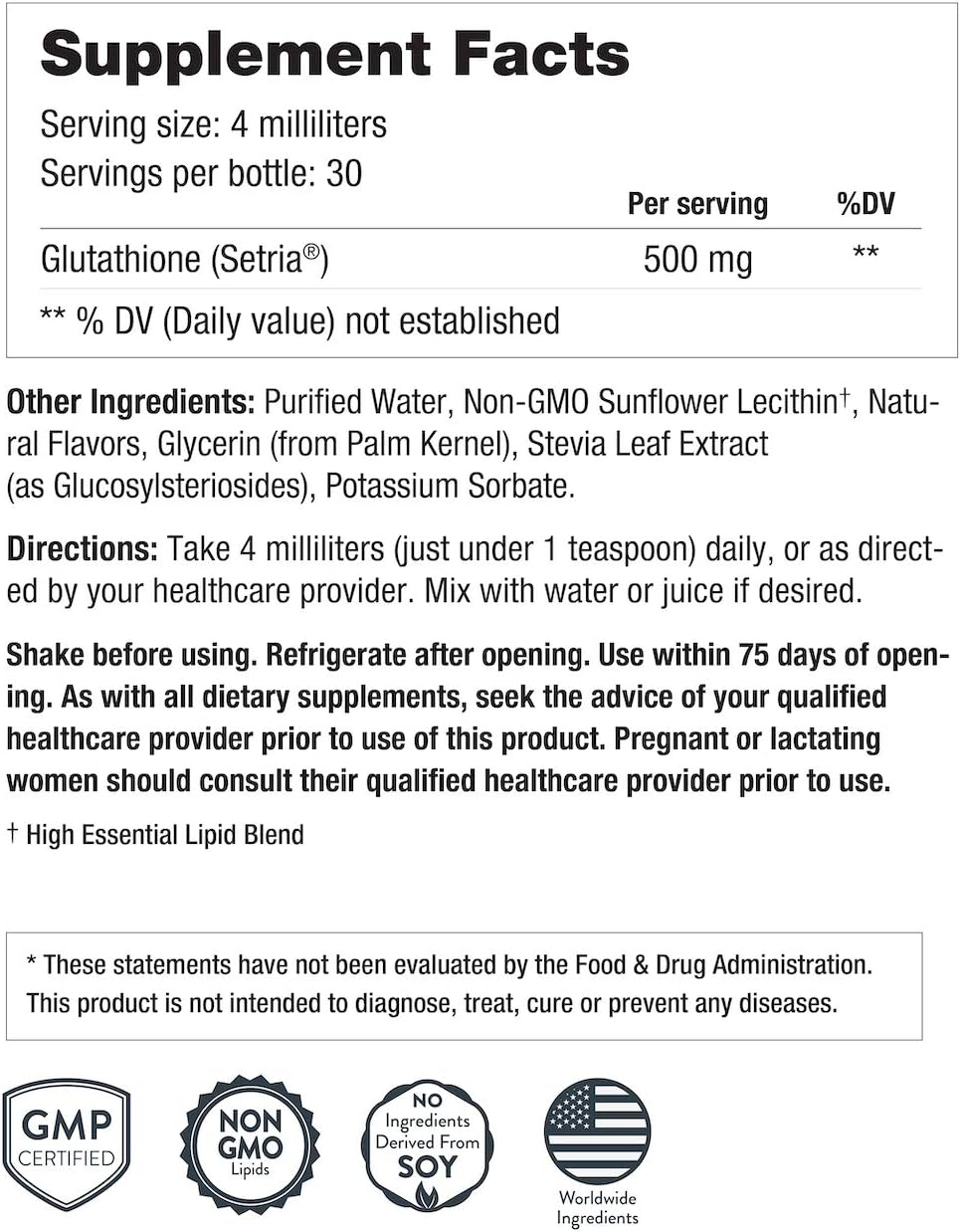 Setria Liposomal Glutathione Antioxidant Supplement 500mg - Non GMO, Non Soy, Liquid 120ml - 30 Servings | Top Natural Anti Aging Formula