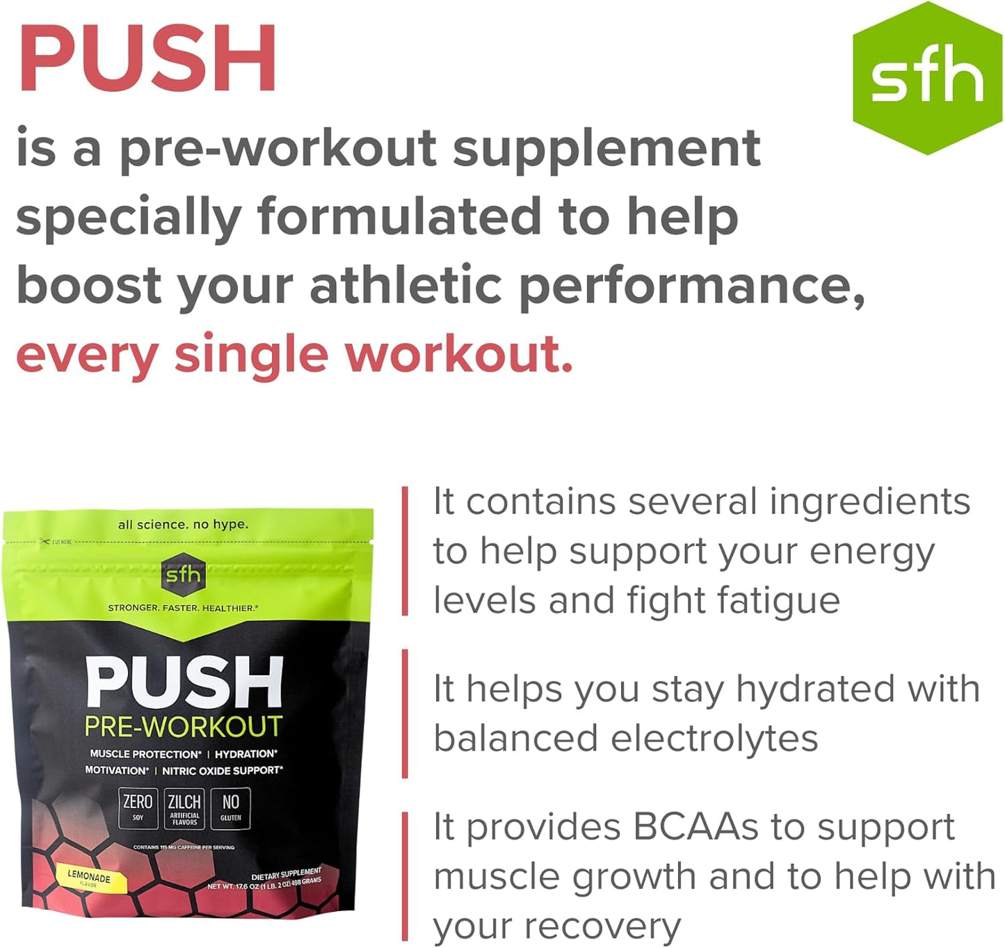 SFH Lemonade BCAA Pre-Workout Powder with Electrolytes for Muscle Repair - Non-Dairy, No Artificial Ingredients - 1 Bag