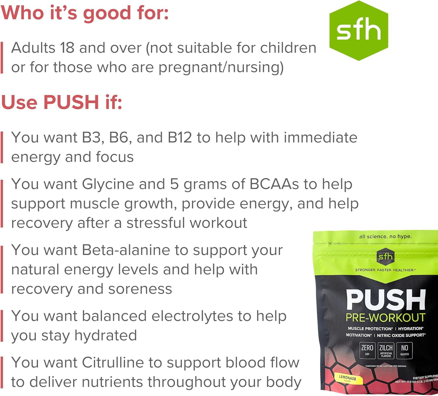 SFH Lemonade BCAA Pre-Workout Powder with Electrolytes for Muscle Repair - Non-Dairy, No Artificial Ingredients - 1 Bag