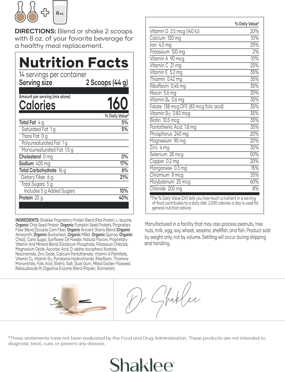 Shaklee Life Shake Plant Protein French Vanilla - Complete Meal Replacement with 20g Protein, 6g Fiber, 24 Vitamins & Minerals - Non-GMO - 14 Servings - Supports Satiety & Healthy Weight