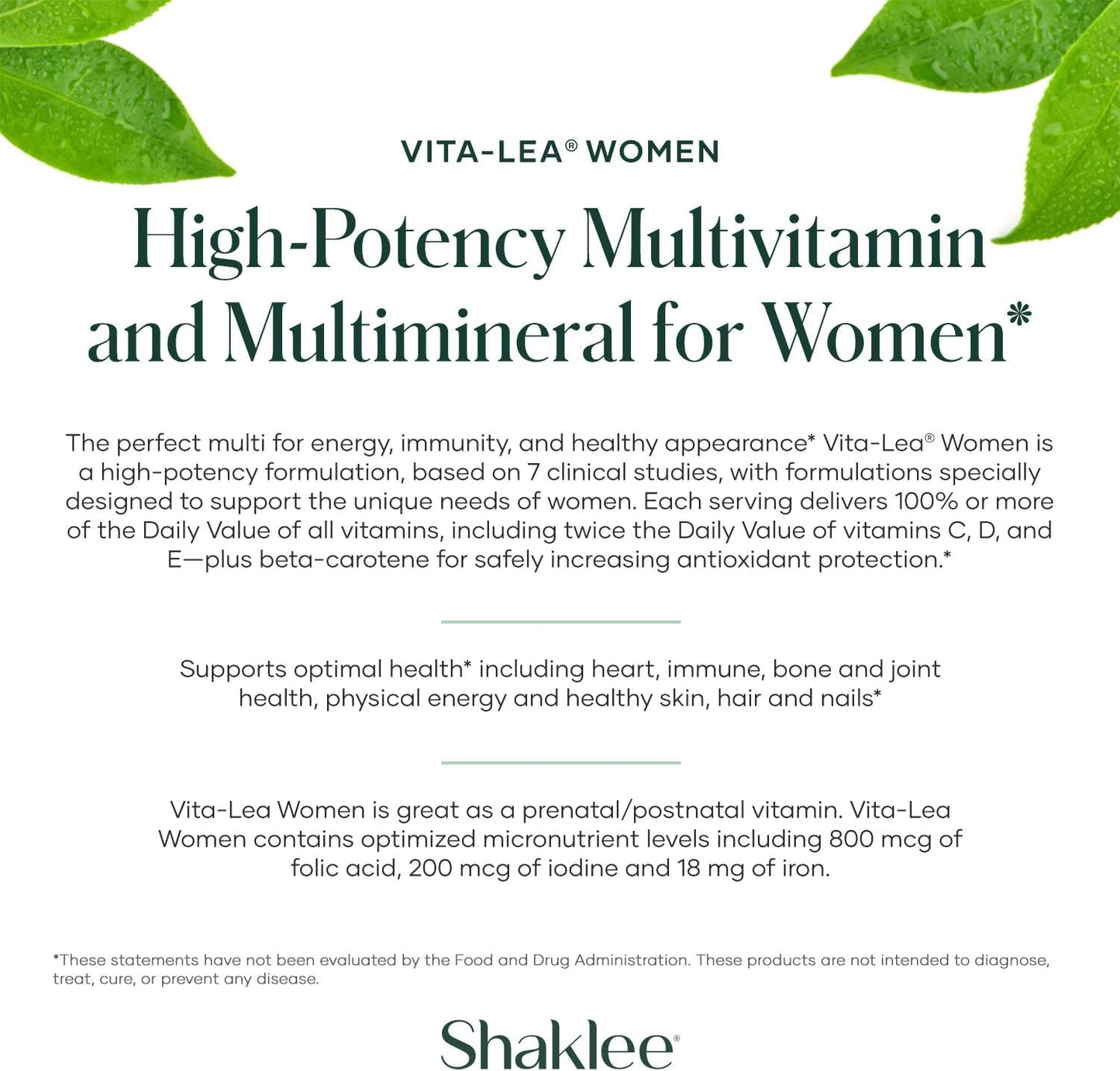 Shaklee Vita-Lea Women High-Potency Multivitamin with Folic Acid, Iodine, Iron - Prenatal/Postnatal Support - 240 Tablets