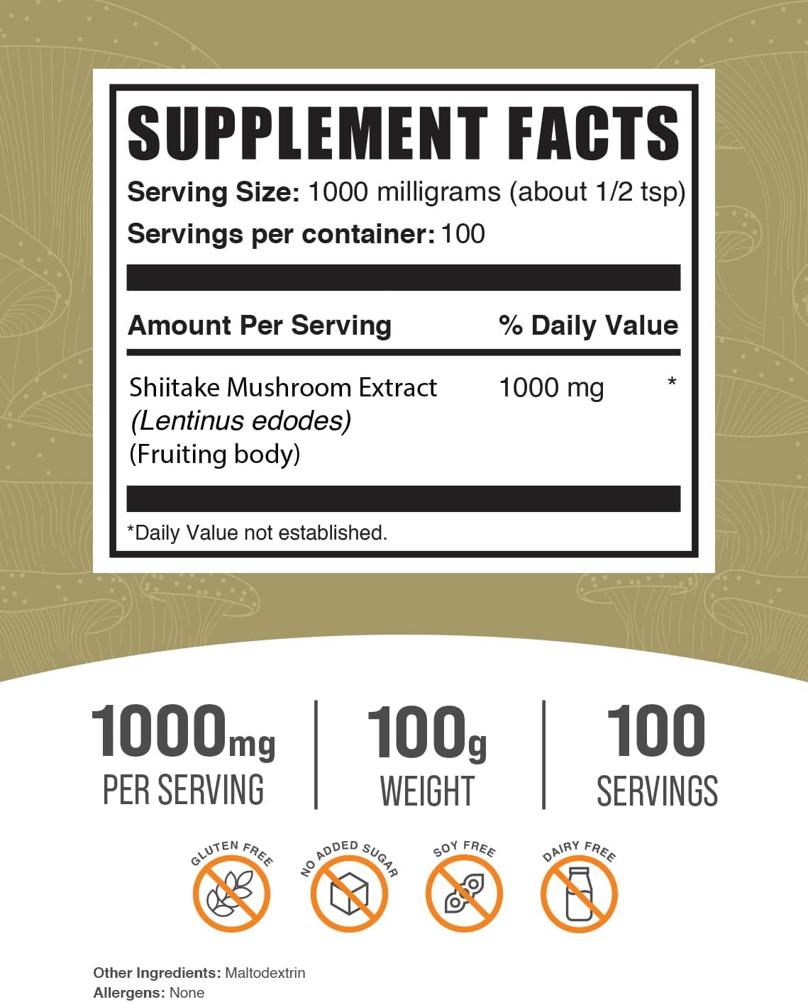 Shiitake Mushroom Extract Powder - 1000mg Gluten-Free Supplement - 100g (3.5 oz) Pack of 1 - BulkSupplements