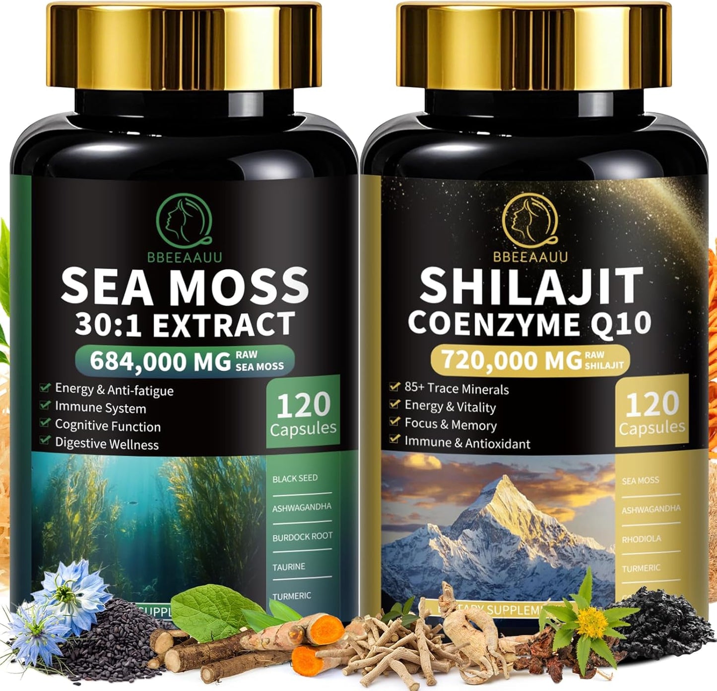 Shilajit Capsules with Ashwagandha & Sea Moss Bundle - BBEEAAUU