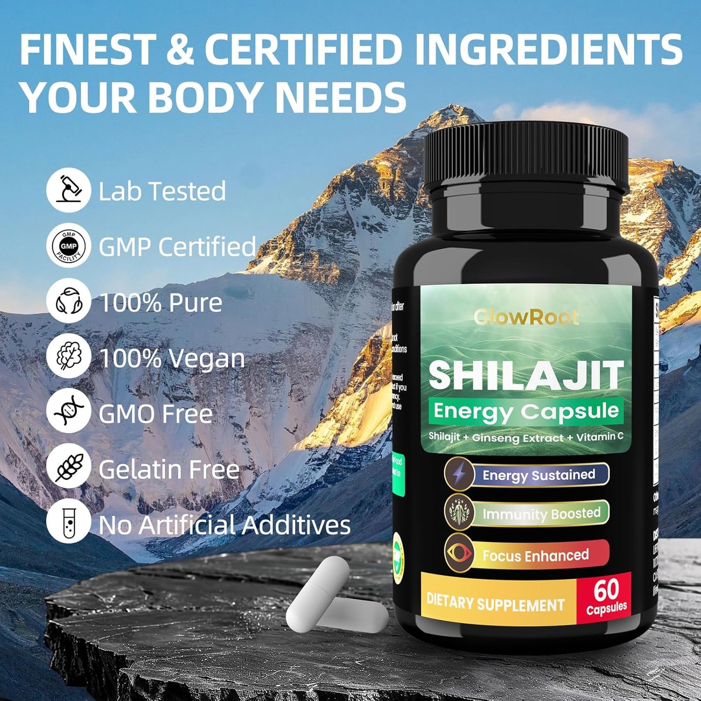 Shilajit Capsules with Fulvic Acid & Minerals for Energy Boost and Immune Health