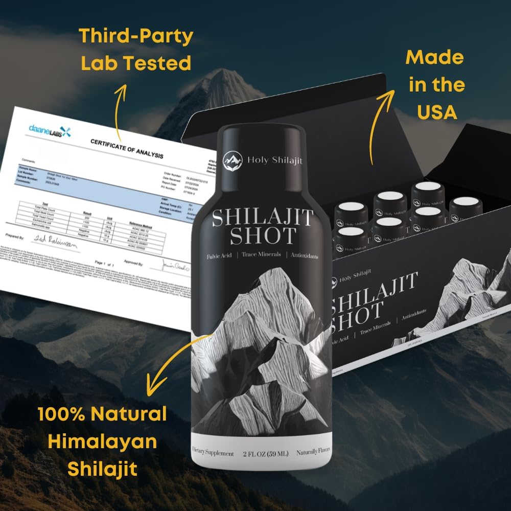 Shilajit Energy Shots with 400mg Pure Shilajit & 3,000mg Fulvic Minerals for Enhanced Focus and Immune Support - Men & Women - Drinkable Formula