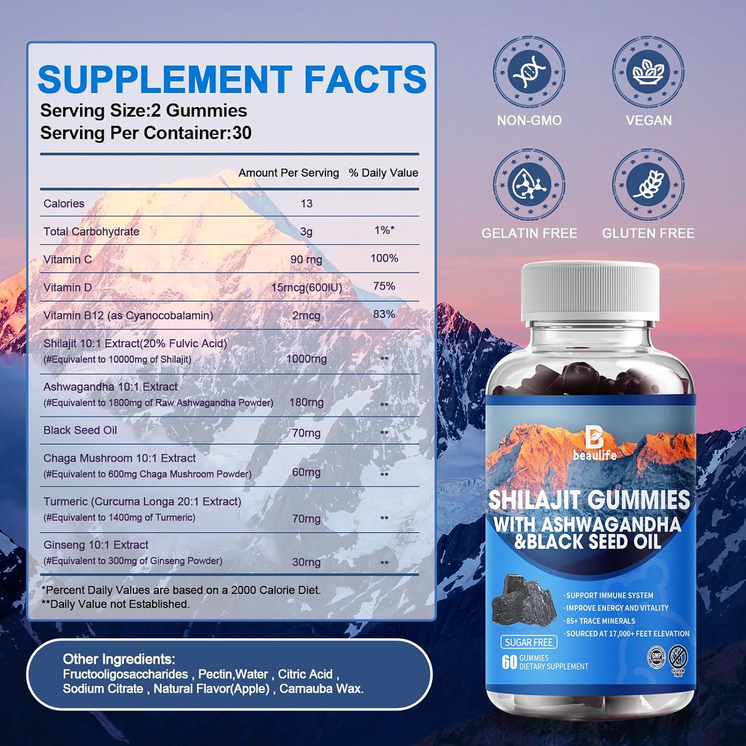 Shilajit Gummies with 85+ Trace Minerals, Fulvic Acid, Phytonutrients, Vitamins, Ashwagandha, Chaga Mushroom, and Turmeric for Energy Boost and Immune Support