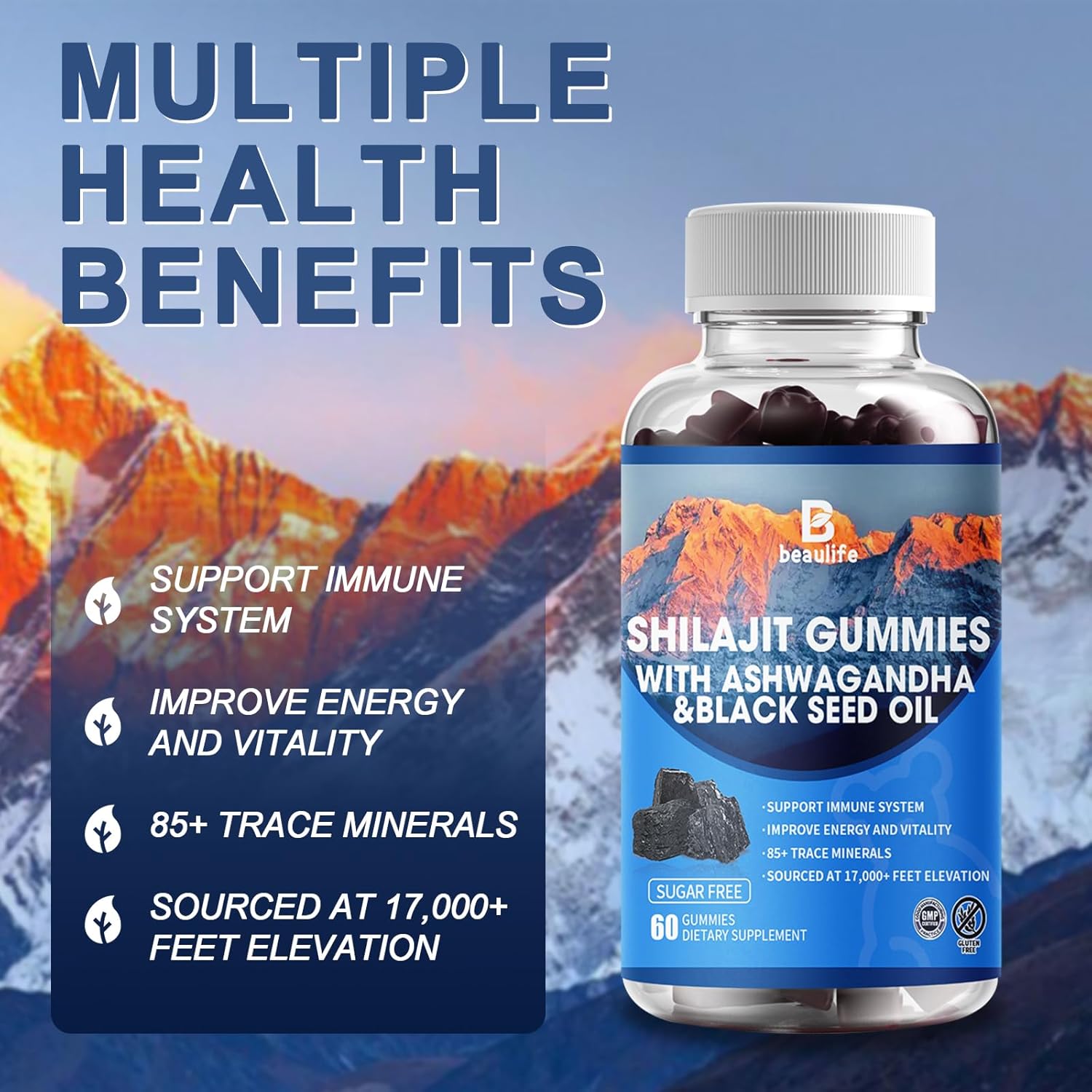 Shilajit Gummies with 85+ Trace Minerals, Fulvic Acid, Phytonutrients, Vitamins, Ashwagandha, Chaga Mushroom, and Turmeric for Energy Boost and Immune Support