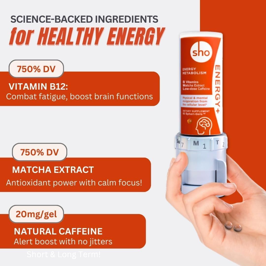 SHO Energy+ Vegan Matcha Extract and Vitamin B Complex Energy Supplements - 60 Pills, Natural Booster for Men & Women, No Crash & Jitters - Refill Bottle