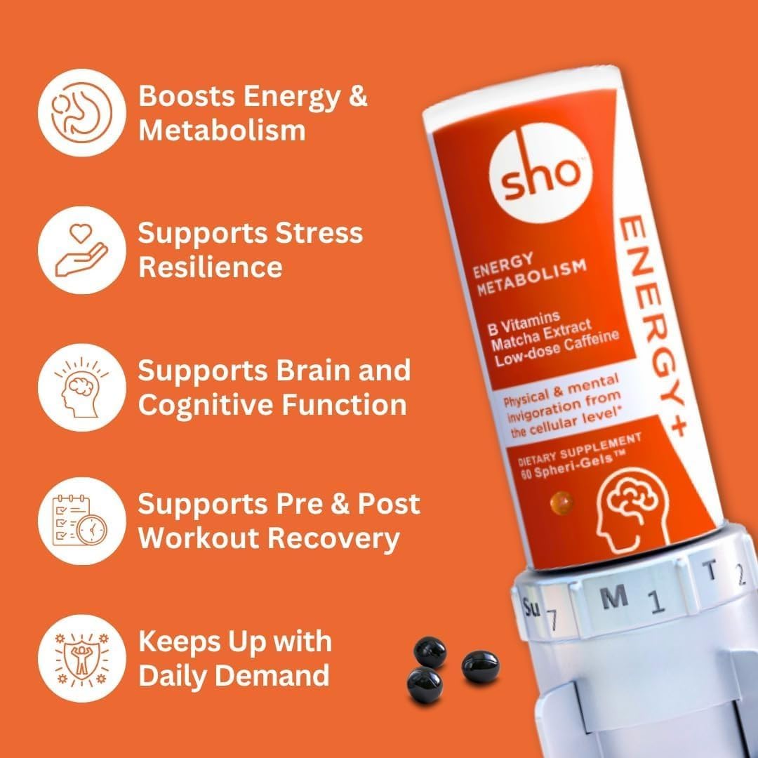 SHO Energy+ Vegan Matcha Extract and Vitamin B Complex Energy Supplements - 60 Pills, Natural Booster for Men & Women, No Crash & Jitters - Refill Bottle