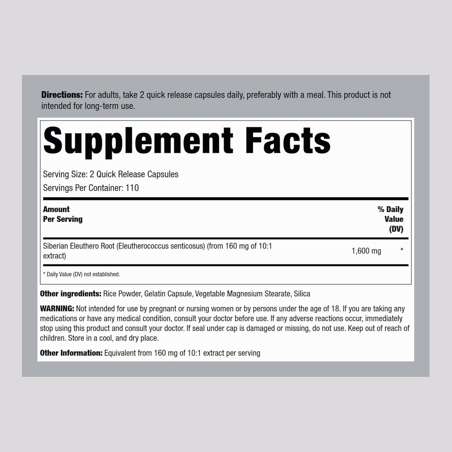 Siberian Eleuthero Root Capsules 1600mg | 220 Count | Herbal Extract Supplement | Non-GMO, Gluten Free