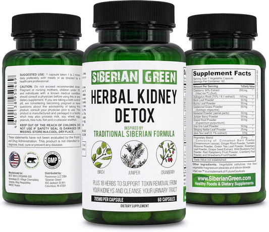 Siberian Green Herbal Kidney Detox Capsules - 60 Count, Cranberry Birch Juniper Blend