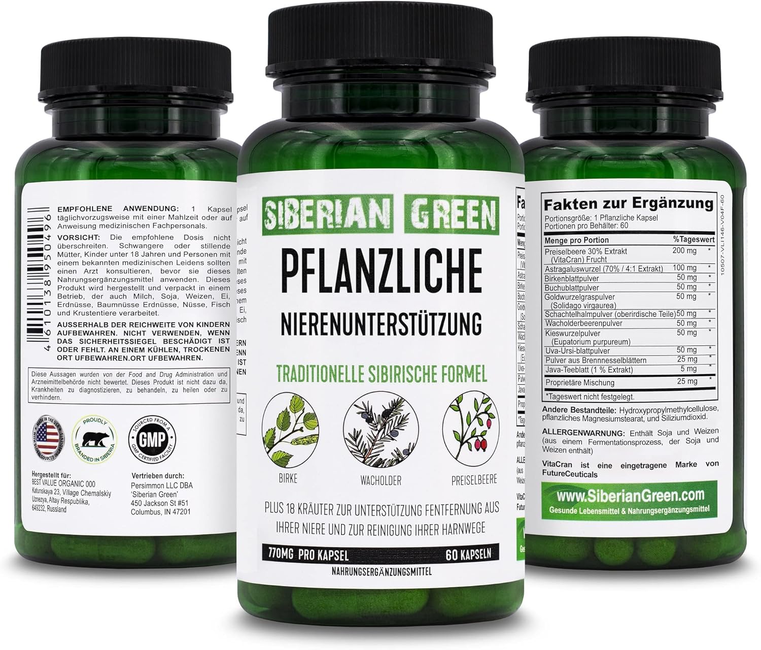 Siberian Green Herbal Kidney Detox Capsules - 60 Count, Cranberry Birch Juniper Blend