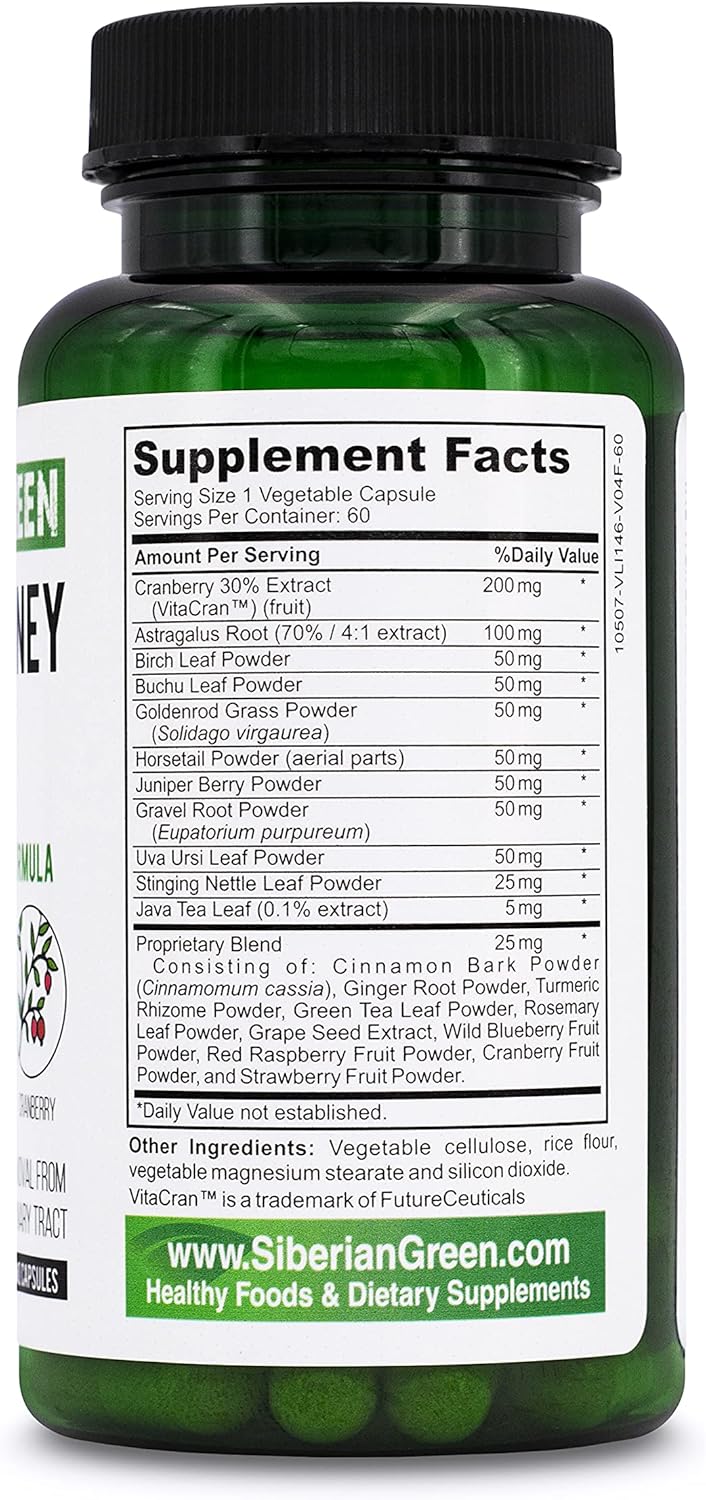 Siberian Green Herbal Kidney Detox Capsules - 60 Count, Cranberry Birch Juniper Blend