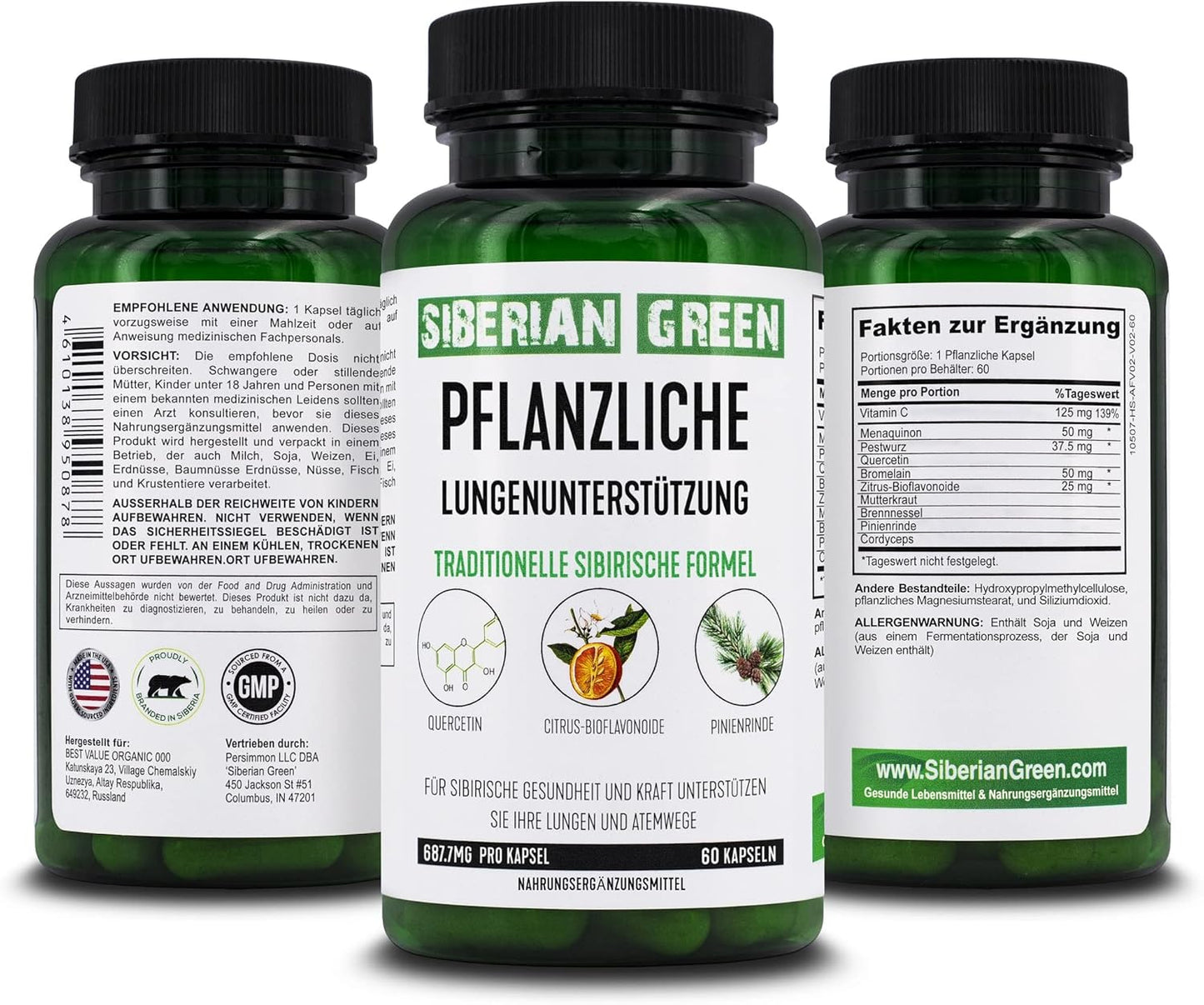 Siberian Green Lung Support Complex Capsules - Traditional Formula with Quercetin & Citrus Bioflavonoids