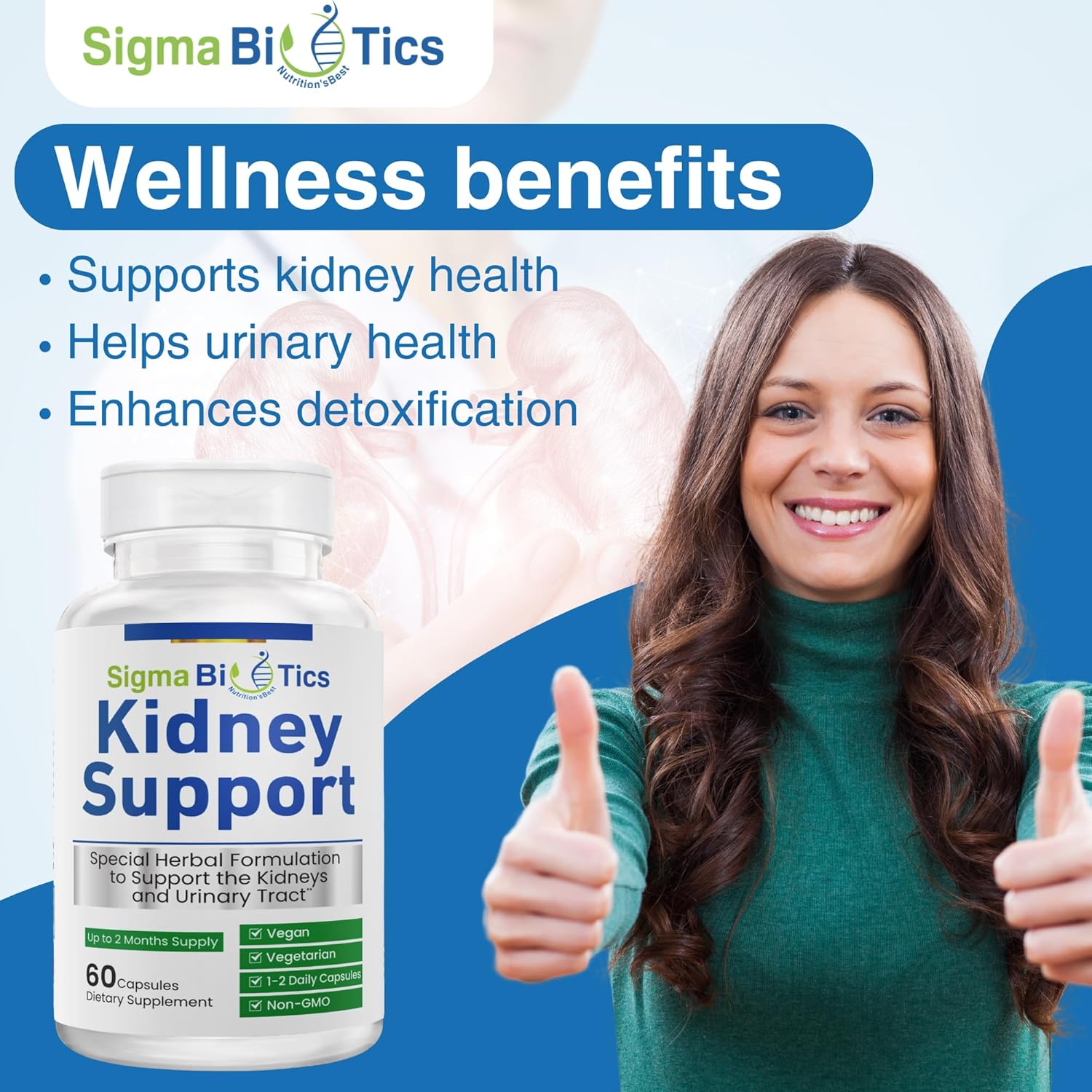 SigmaBiotics Kidney Support Supplement - Herbal Kidney Care for Urinary Health - Vegan Formula with Cranberry, Astragalus, and Juniper Berry - 60 Capsules