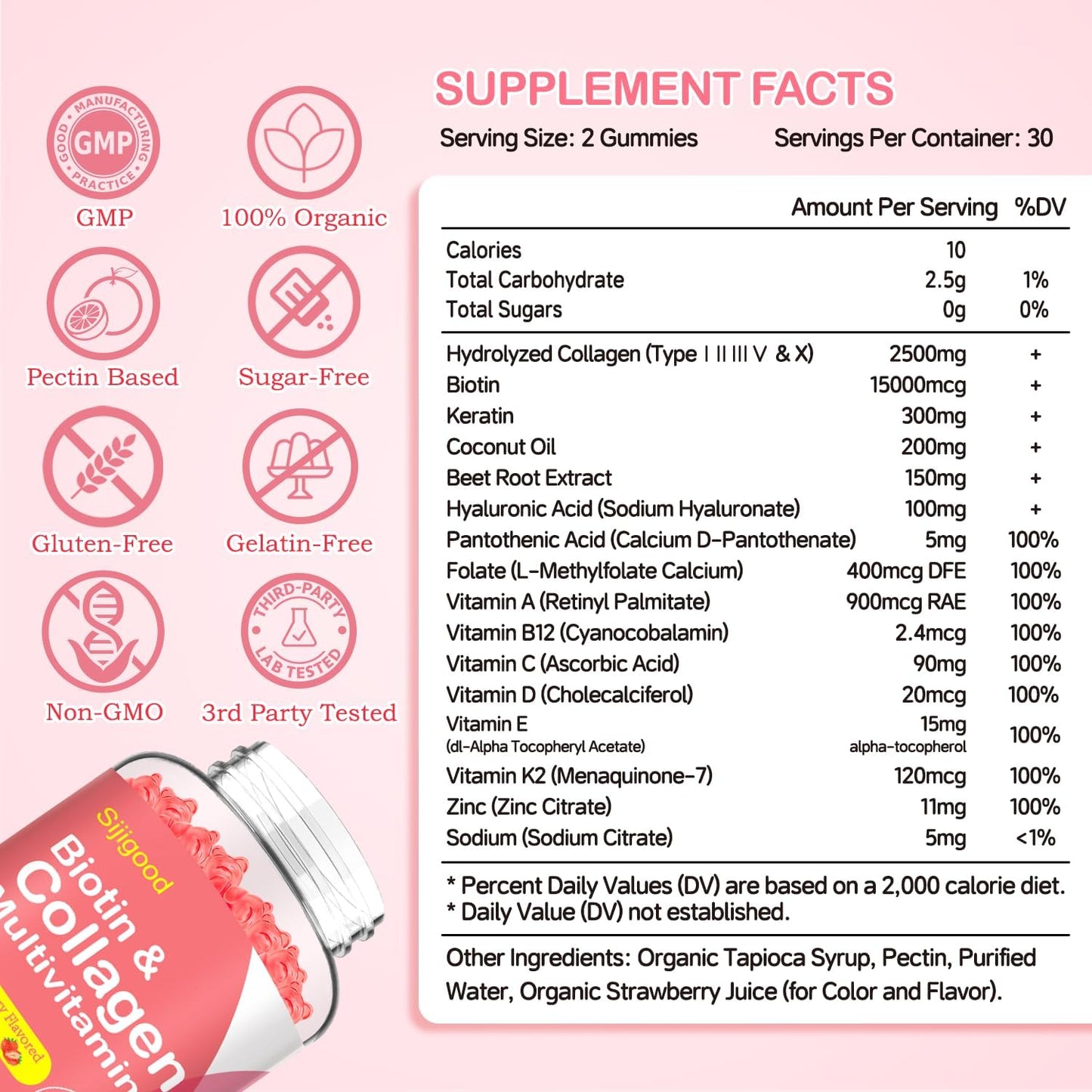 Sijigood Collagen Gummies with Multi-Type Collagen & Vitamins for Skin, Hair, Nails, Immunity, Energy - 60 Strawberry Flavored Gummies