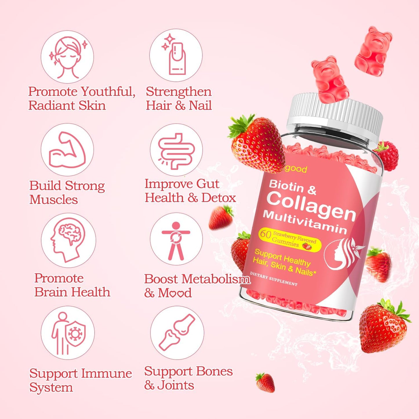 Sijigood Collagen Gummies with Multi-Type Collagen & Vitamins for Skin, Hair, Nails, Immunity, Energy - 60 Strawberry Flavored Gummies
