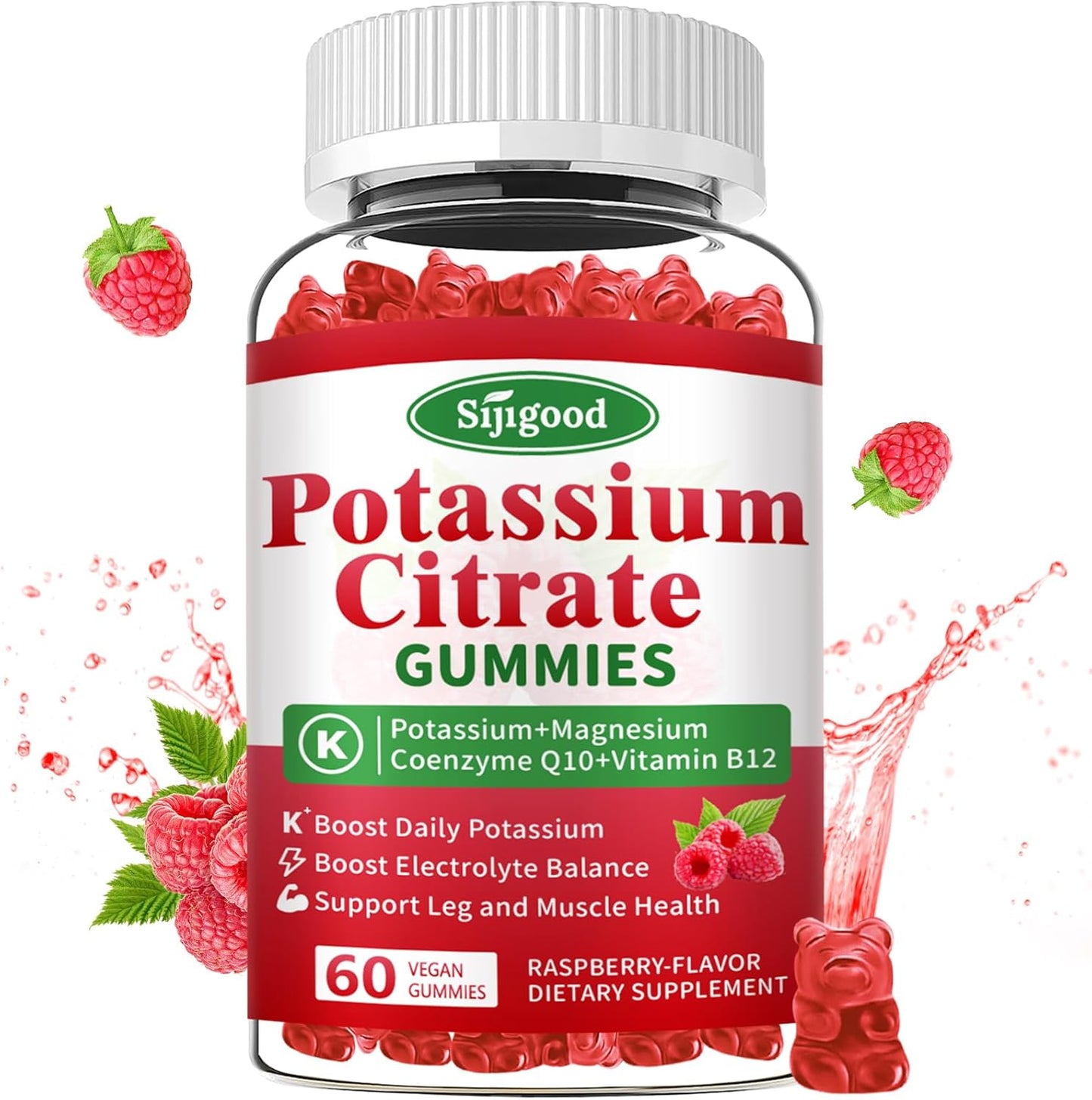 Sijigood Potassium Citrate Gummies - Vegan Raspberry Flavored Supplement for Muscle Health, Leg Cramp Relief, Electrolyte Balance - 60 Count