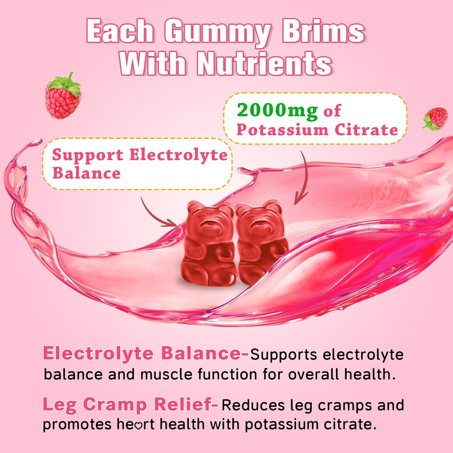 Sijigood Potassium Citrate Gummies - Vegan Raspberry Flavored Supplement for Muscle Health, Leg Cramp Relief, Electrolyte Balance - 60 Count