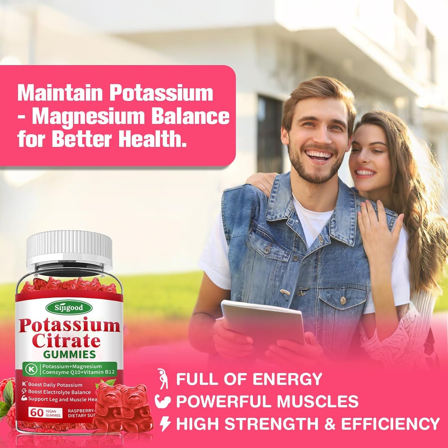 Sijigood Potassium Citrate Gummies - Vegan Raspberry Flavored Supplement for Muscle Health, Leg Cramp Relief, Electrolyte Balance - 60 Count