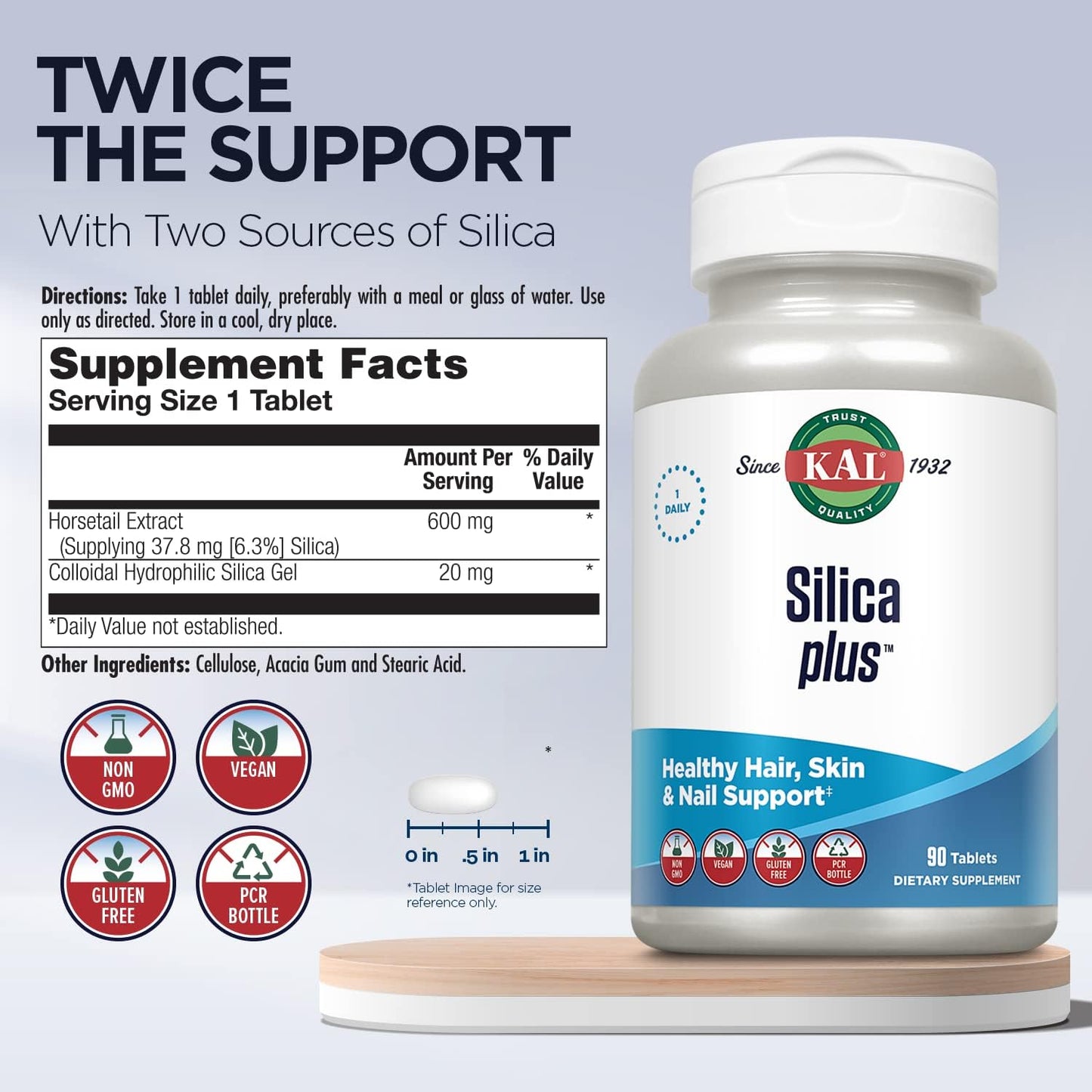 Silica Plus with Horsetail Extract - Vegan Hair, Skin, Nails Support - Gluten Free, Fast Absorption - 90 Tabs