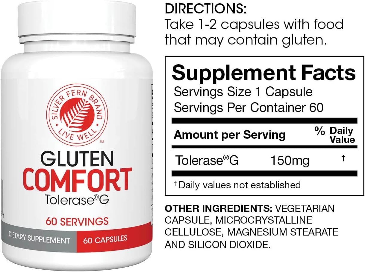 Silver Fern Gluten Comfort with Tolerase G - 60 Capsules - Digestive Enzyme for Breaking Down Gluten Protein