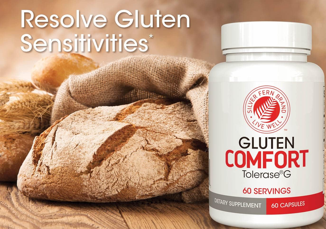 Silver Fern Gluten Comfort with Tolerase G - 60 Capsules - Digestive Enzyme for Breaking Down Gluten Protein