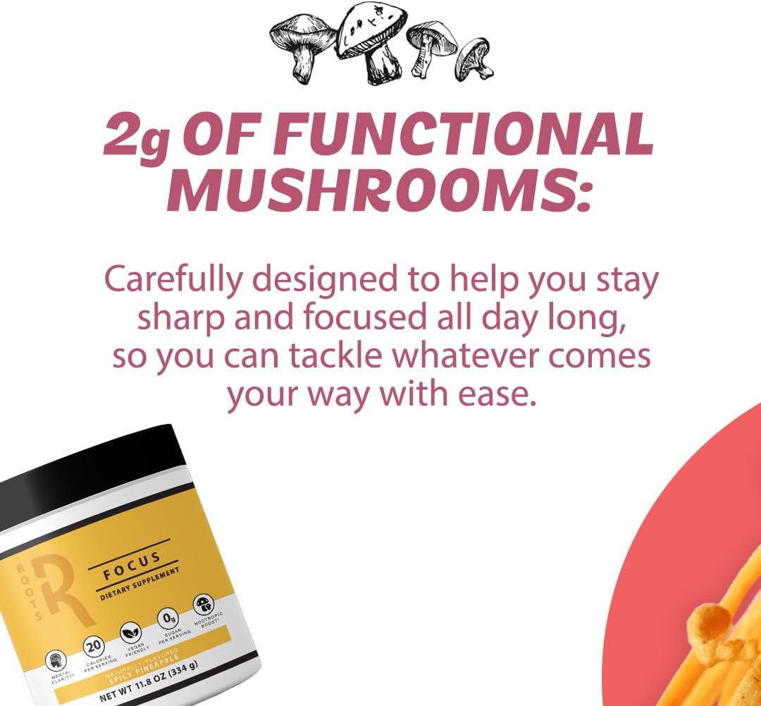 Silver Star Nutrition Roots Focus Nootropic Brain Supplement - Fruit Punch Blend with Lion's Mane, Cordyceps, Reishi Mushrooms and Extended-Release Caffeine - 50 Servings