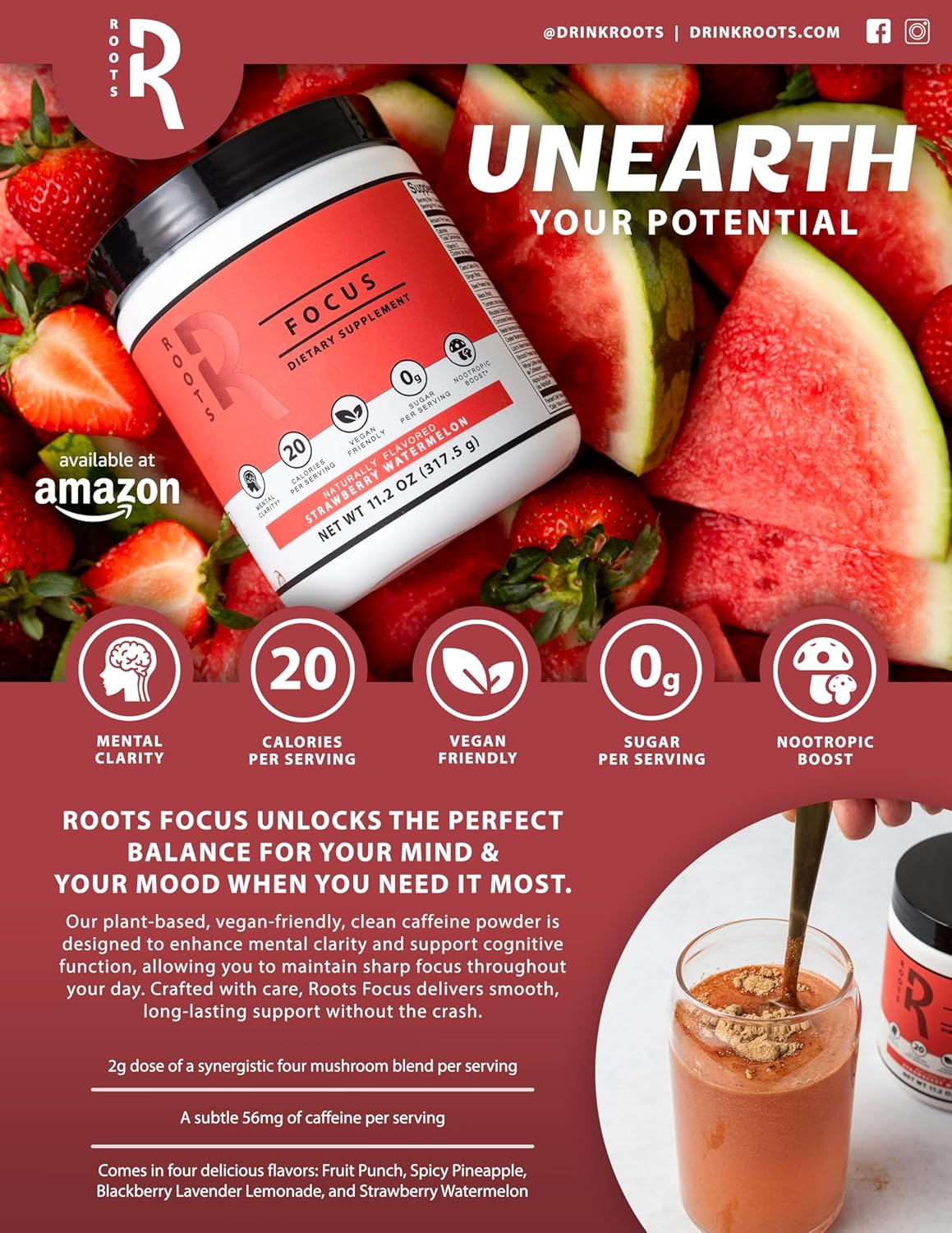 Silver Star Nutrition Roots Focus Nootropic Brain Supplement - Fruit Punch Blend with Lion's Mane, Cordyceps, Reishi Mushrooms and Extended-Release Caffeine - 50 Servings