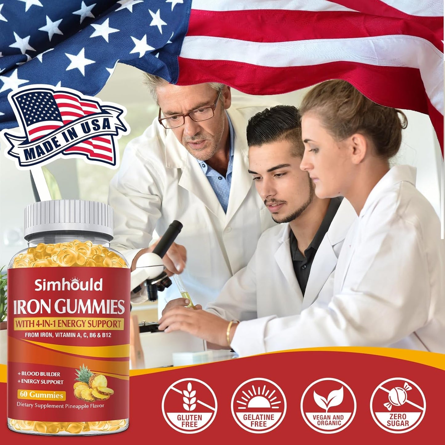 Simhould 2 Pack Iron Gummies 80MG for Adults & Kids - Vitamin A, C, B - Blood Builder & Energy Support - Pineapple Flavor, 120 Count