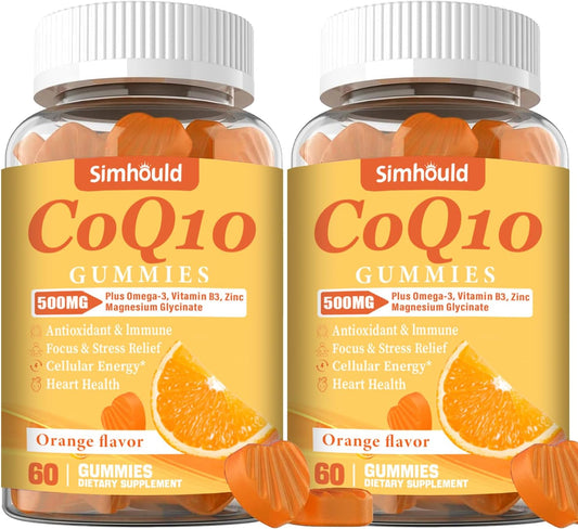 Simhould CoQ10 Gummies 500MG - 2 Pack with Omega-3, Magnesium, Vitamin B3 & Zinc - Heart Health, Energy, Antioxidant - Vegan, Non-GMO - 120 Count
