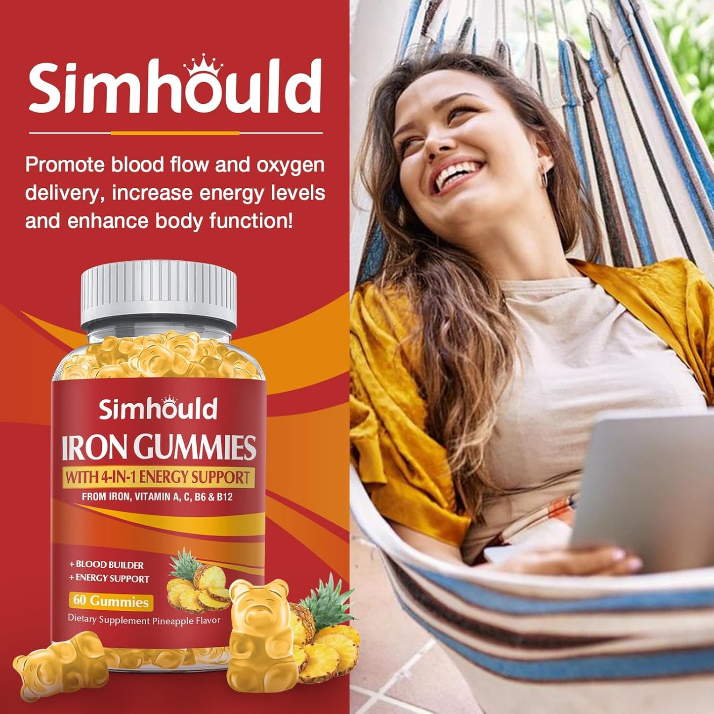 Simhould Iron Supplement Gummies - 80MG Vegan Vitamins for Adults & Kids - Pineapple Flavor - Blood Builder & Energy Support - 60 Count
