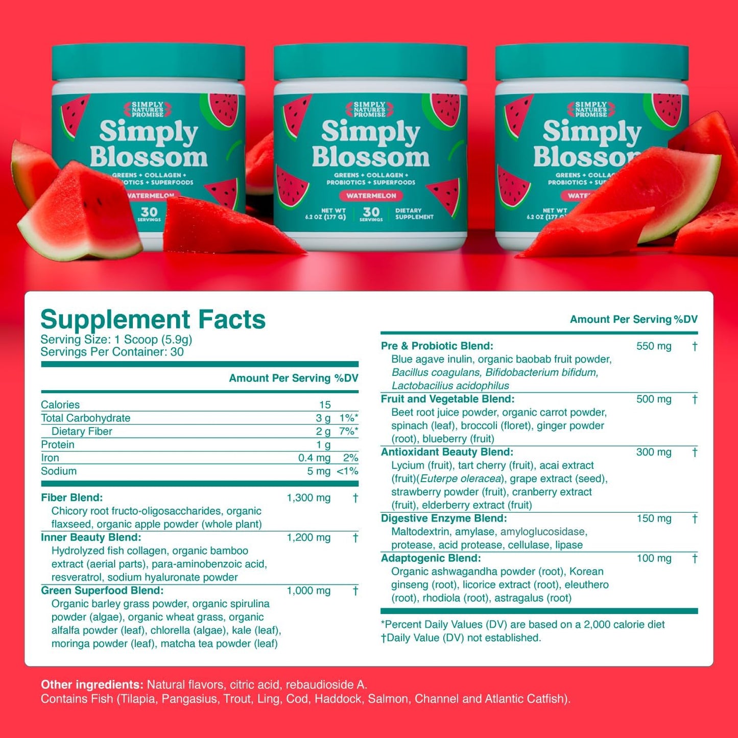Simply Nature's Promise Daily Greens & Superfood Powder with Collagen, Probiotics - Women's Digestive Health & Bloating Relief - Watermelon - 3 Month Supply