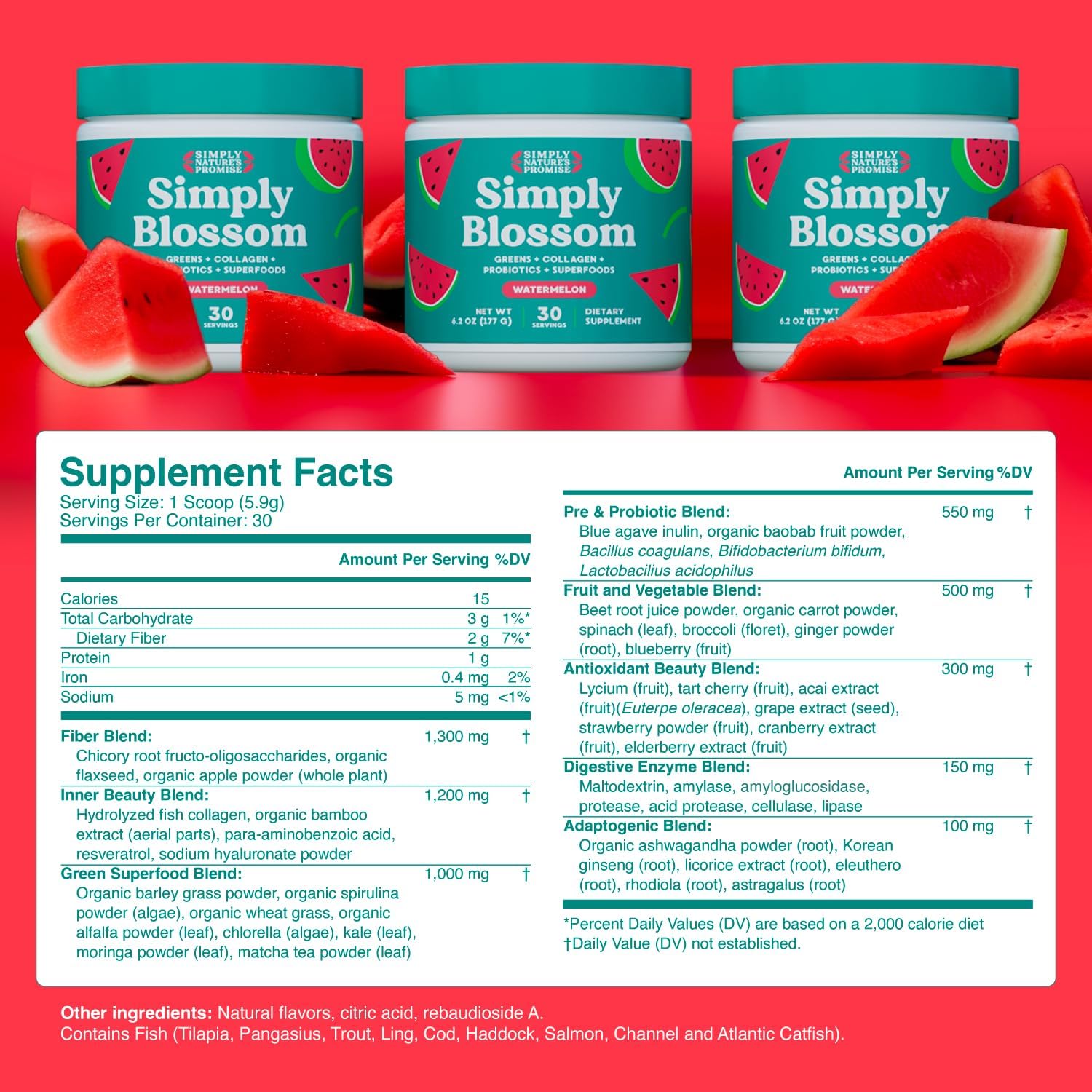Simply Nature's Promise Daily Greens & Superfood Powder with Collagen, Probiotics - Women's Digestive Health & Bloating Relief - Watermelon - 3 Month Supply