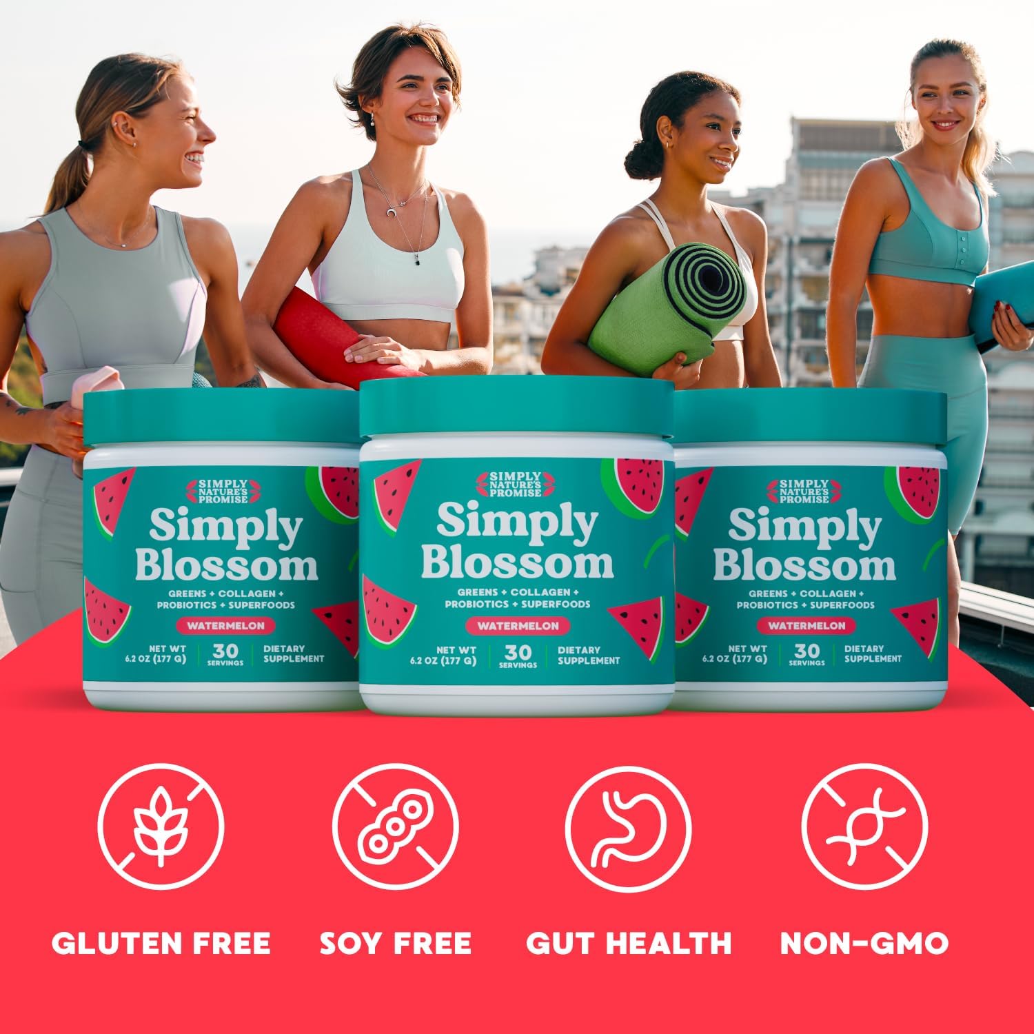 Simply Nature's Promise Daily Greens & Superfood Powder with Collagen, Probiotics - Women's Digestive Health & Bloating Relief - Watermelon - 3 Month Supply