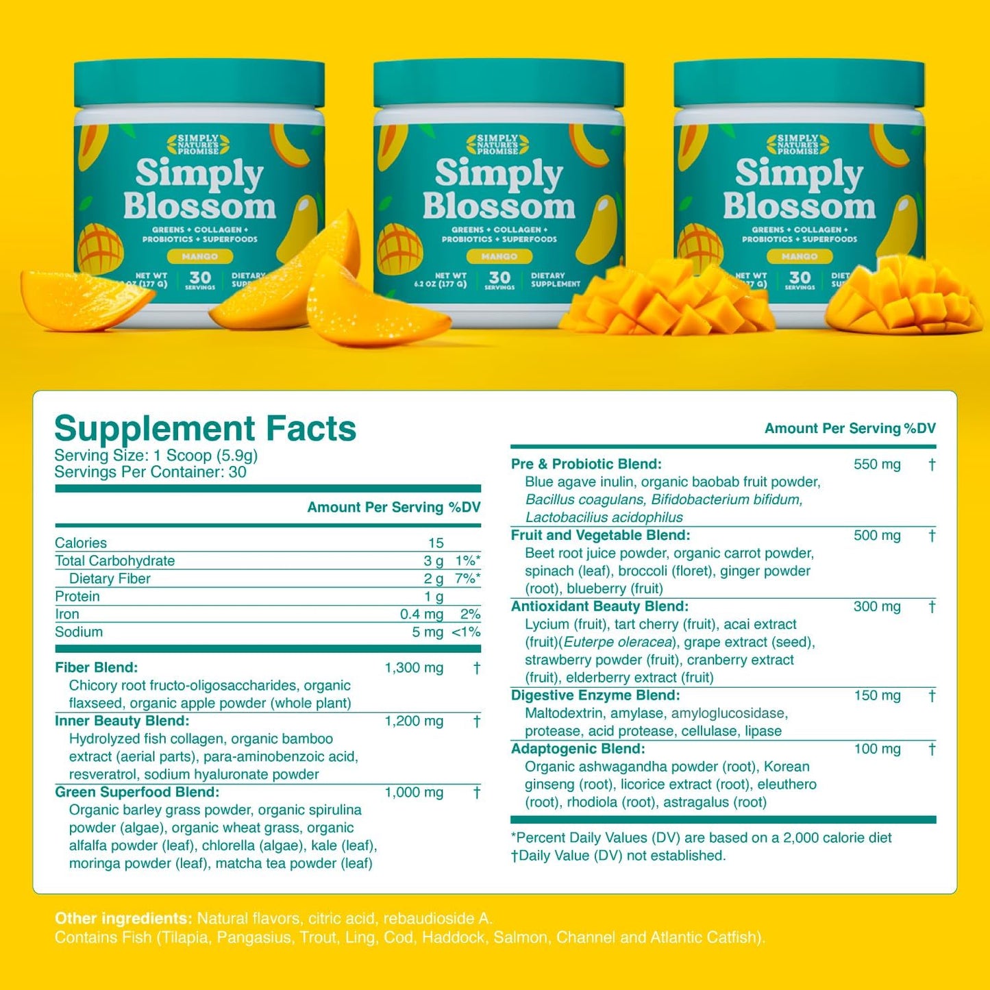 Simply Nature's Promise Women's Daily Greens & Superfood Powder with Collagen & Probiotics - 3 Month Supply, Mango Flavor for Digestive Health & Bloating Relief