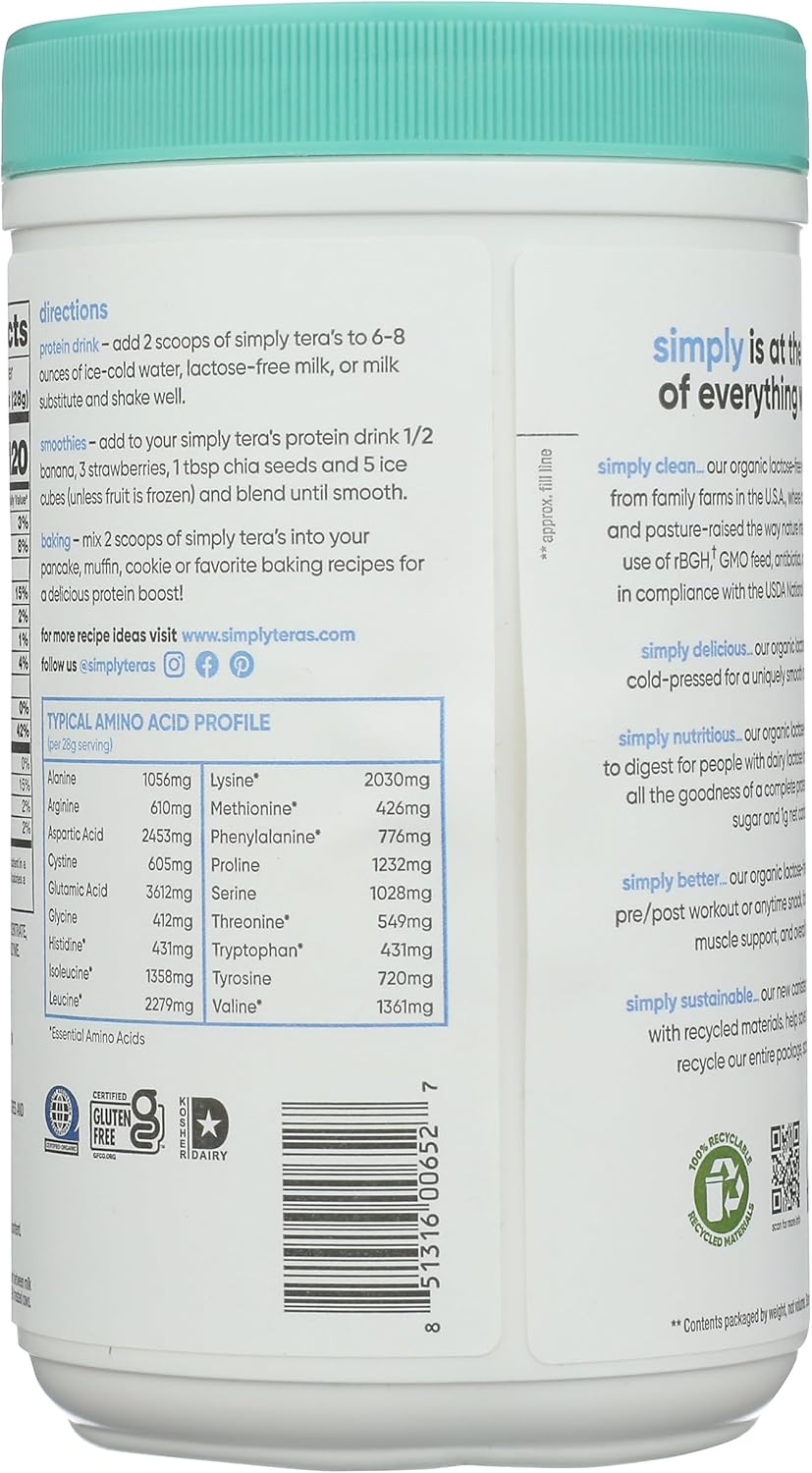 Simply Tera's 12 OZ Organic Lactose-Free Whey Protein Powder