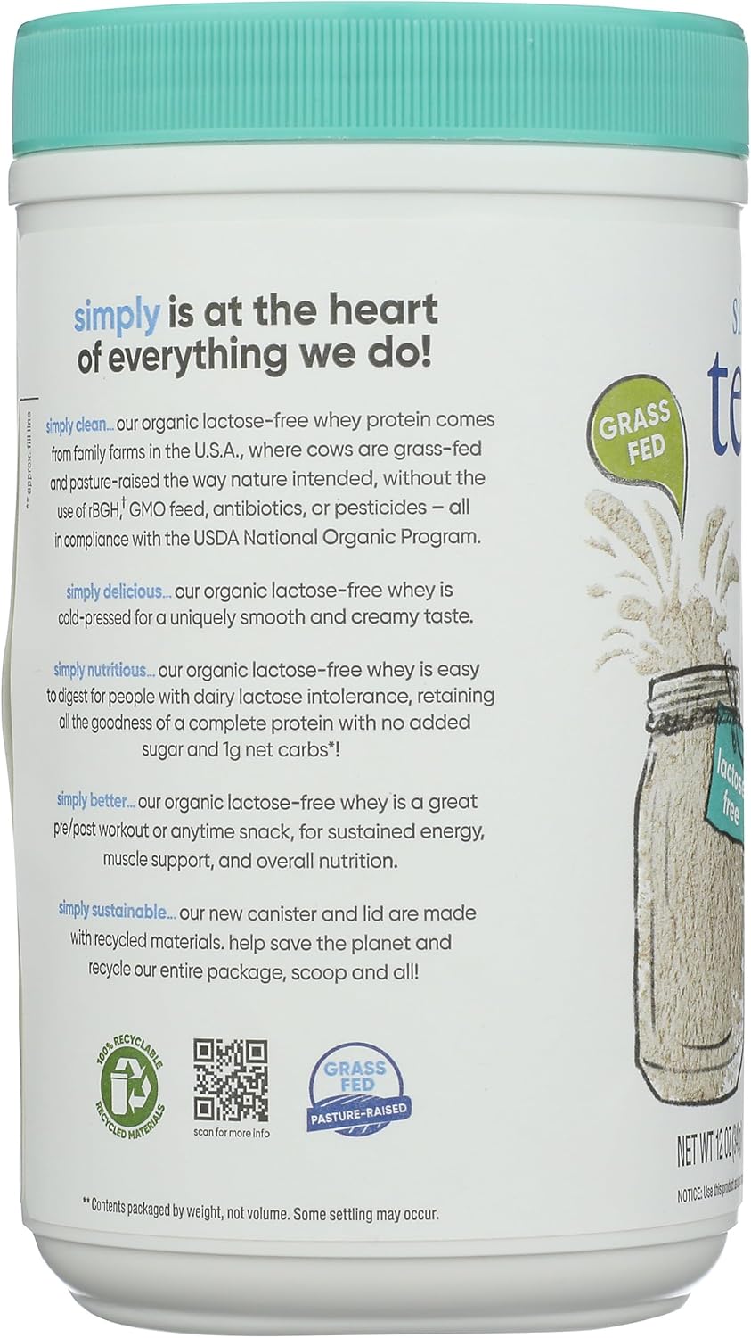 Simply Tera's 12 OZ Organic Lactose-Free Whey Protein Powder