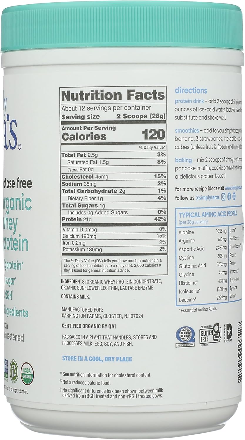 Simply Tera's 12 OZ Organic Lactose-Free Whey Protein Powder
