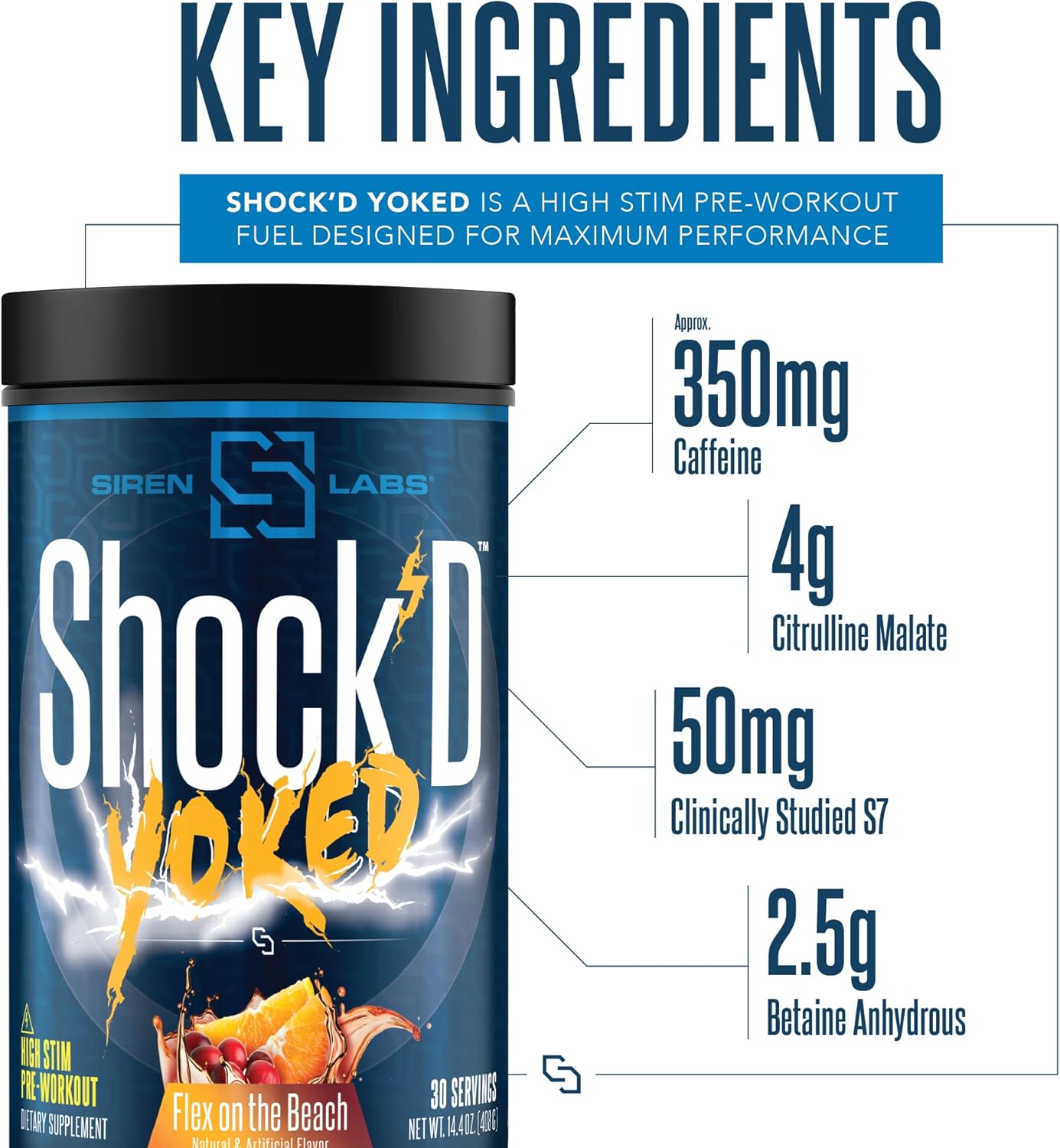 Siren Labs Shock’D Yoked High Stim Pre-Workout - High Energy & Muscle Pumps - Nitric Oxide Booster - Flex on The Beach - 30 Servings