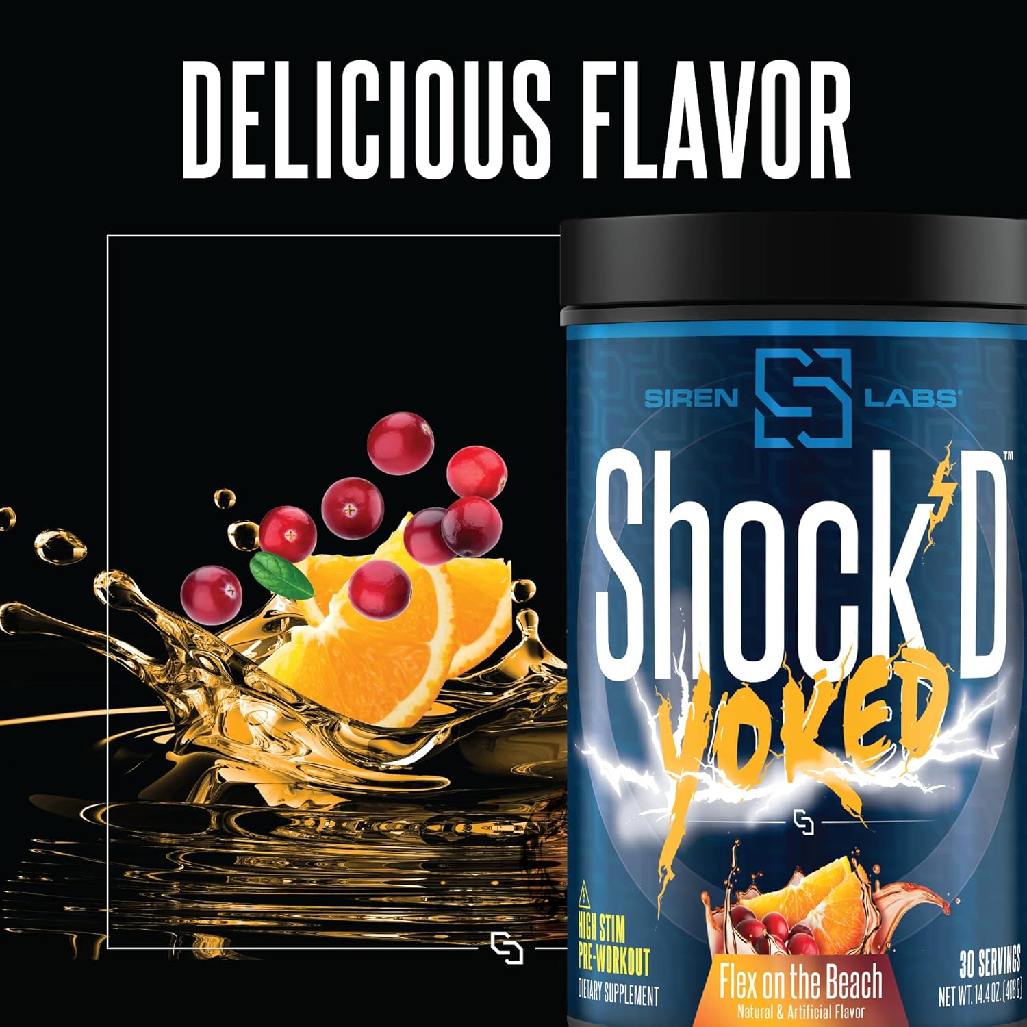 Siren Labs Shock’D Yoked High Stim Pre-Workout - High Energy & Muscle Pumps - Nitric Oxide Booster - Flex on The Beach - 30 Servings