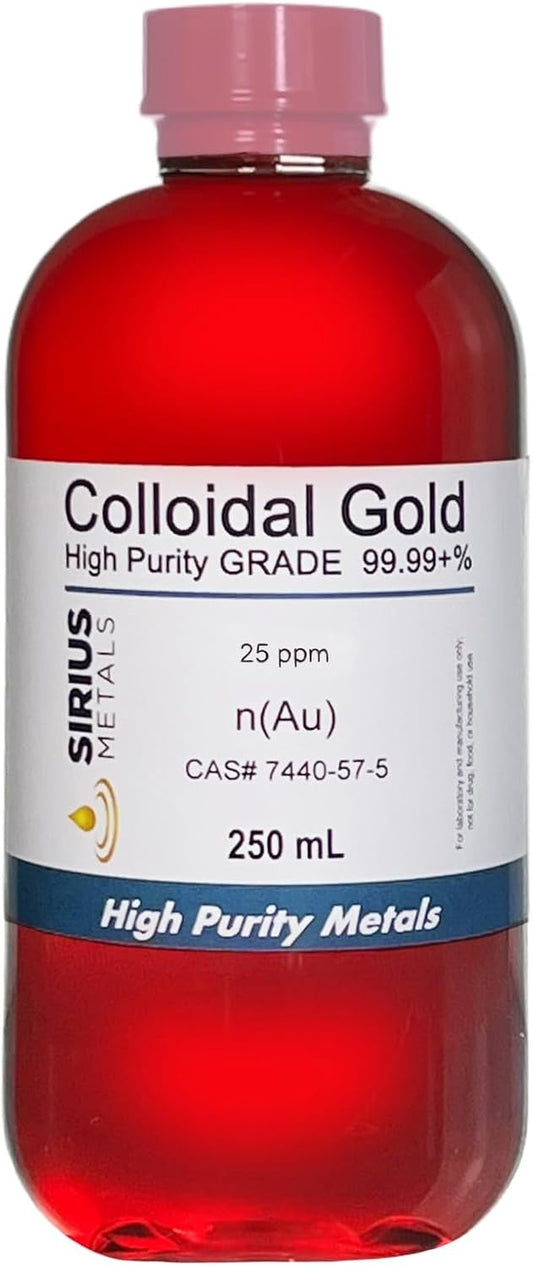 Sirius Metals 25 ppm True Colloidal Gold with 99.99%+ Purity - 250 mL (8.45 Fl Oz) - BPA-Free Bottle - USA Made