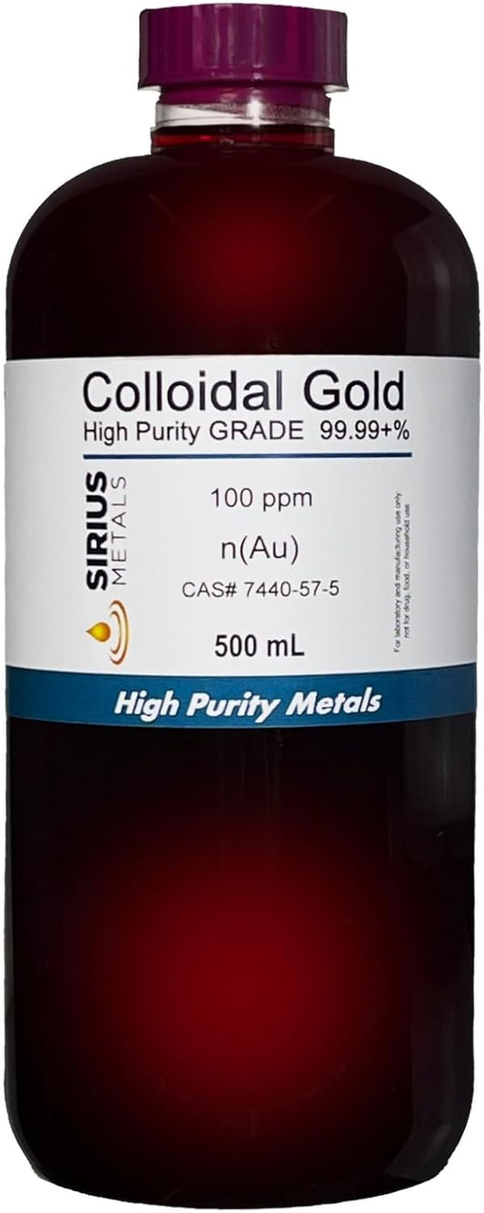 Sirius Metals True Colloidal Gold 100 ppm 99.99% Purity 500 mL Made in USA Clear BPA-Free Bottle